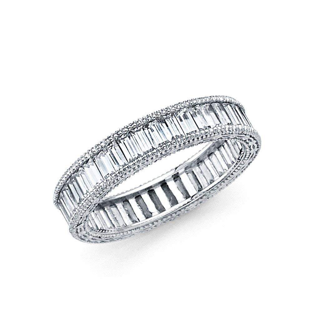 14K White Gold Beaded Baguette Cubic Zirconia Simulated Diamond Eternity Band Ring for Women - Size 5-9 | Elegant Wedding, Anniversary & Bridal Jewelry Gift