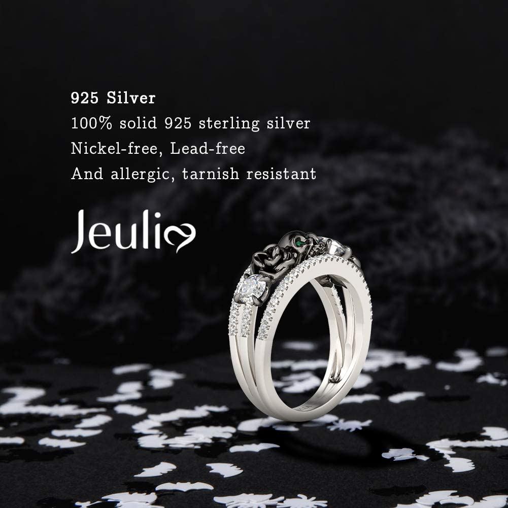 Jeulia Sterling Silver Skull Ring with Round Cut Diamond & Black Plated Floral Design - Emerald Birthstone CZ Promise Ring for Women & Men - Wedding, Engagement, Anniversary Gift with Jewelry Box | Gothic Jewelry, Punk Fashion Accessory, Unique Statement Piece