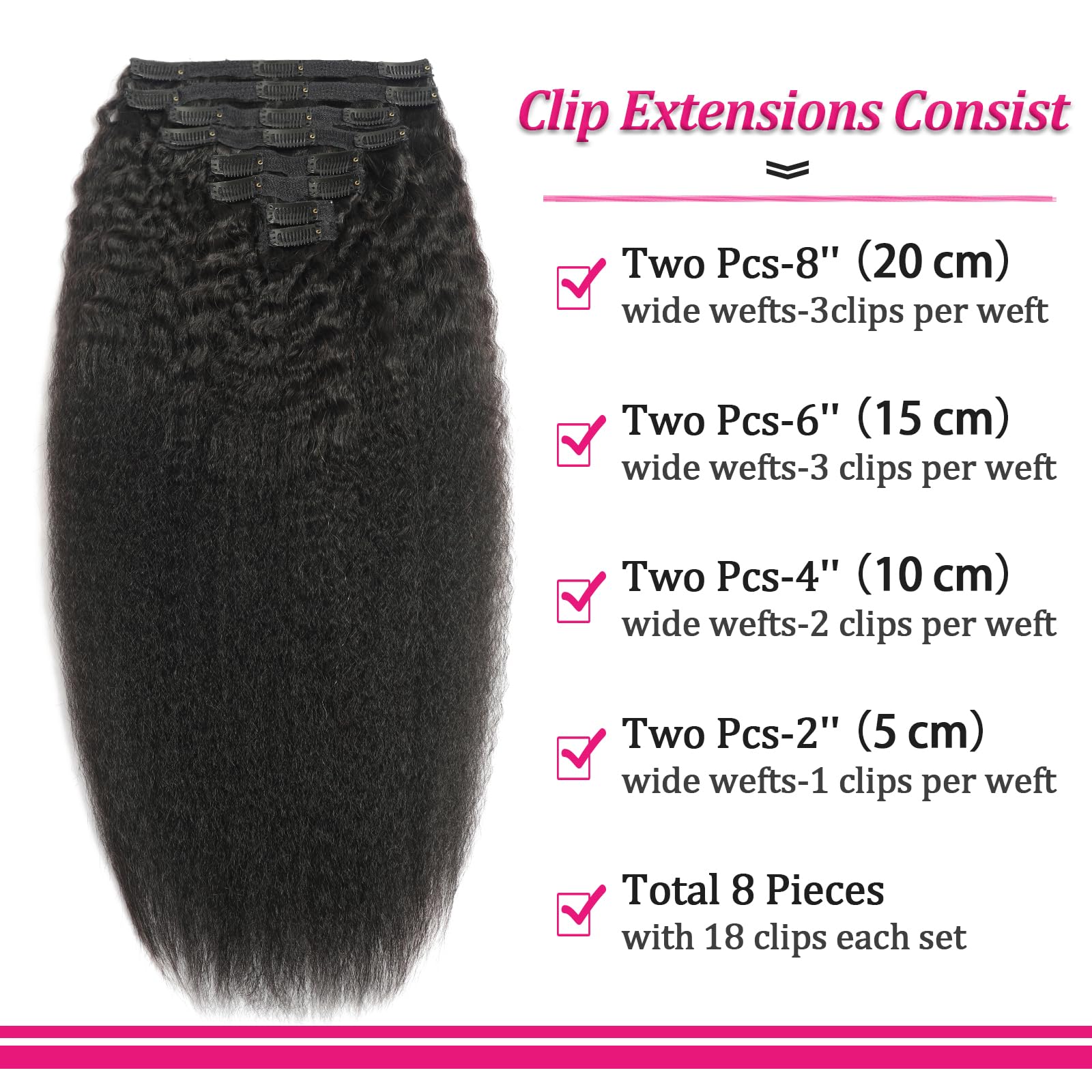 Kinky Straight Clip-In Hair Extensions 20 Inch - 8Pcs 120g Real Human Brazilian Remy Hair - Natural Black Double Weft for Women | Perfect for Volume, Length & Styling for Parties, Weddings & Daily Wear