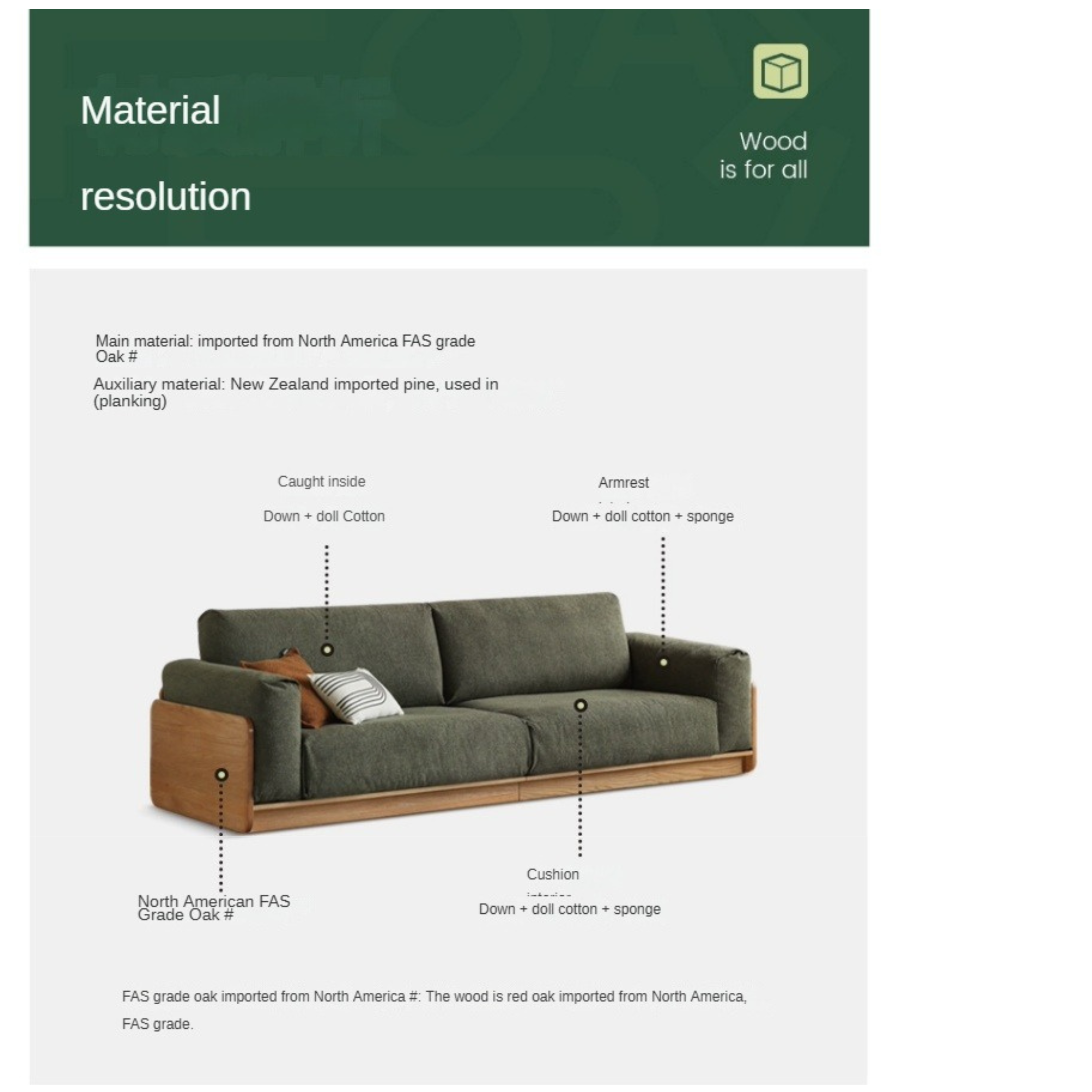 Modern Oak Solid Wood Straight Floor Sofa - Elegant & Durable Living Room Seating for Home, Office, or Lounge Areas