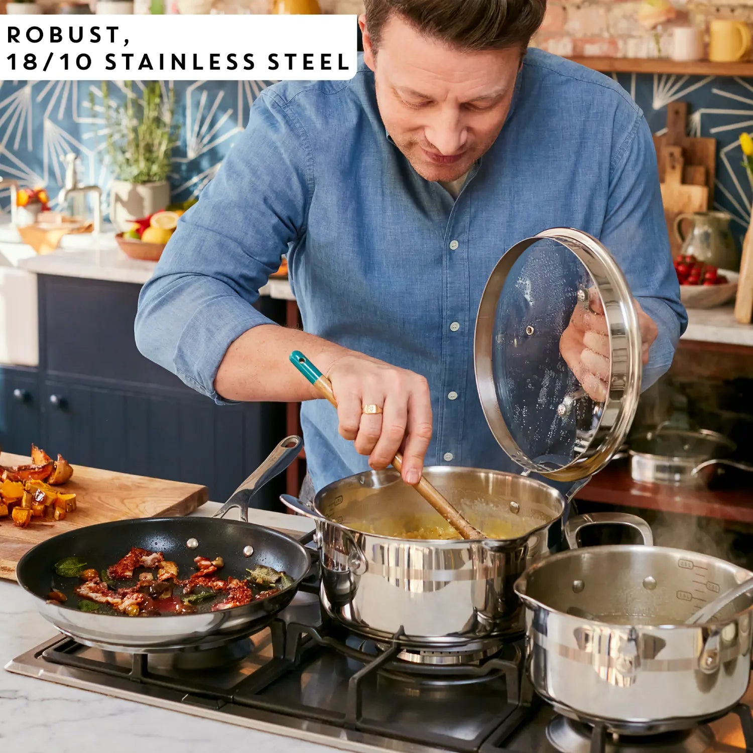 Jamie Oliver by Tefal 3-Piece Stainless Steel Induction Cookware Set with Lids - Perfect for Home Cooking, Professional Kitchens & Induction Stovetops