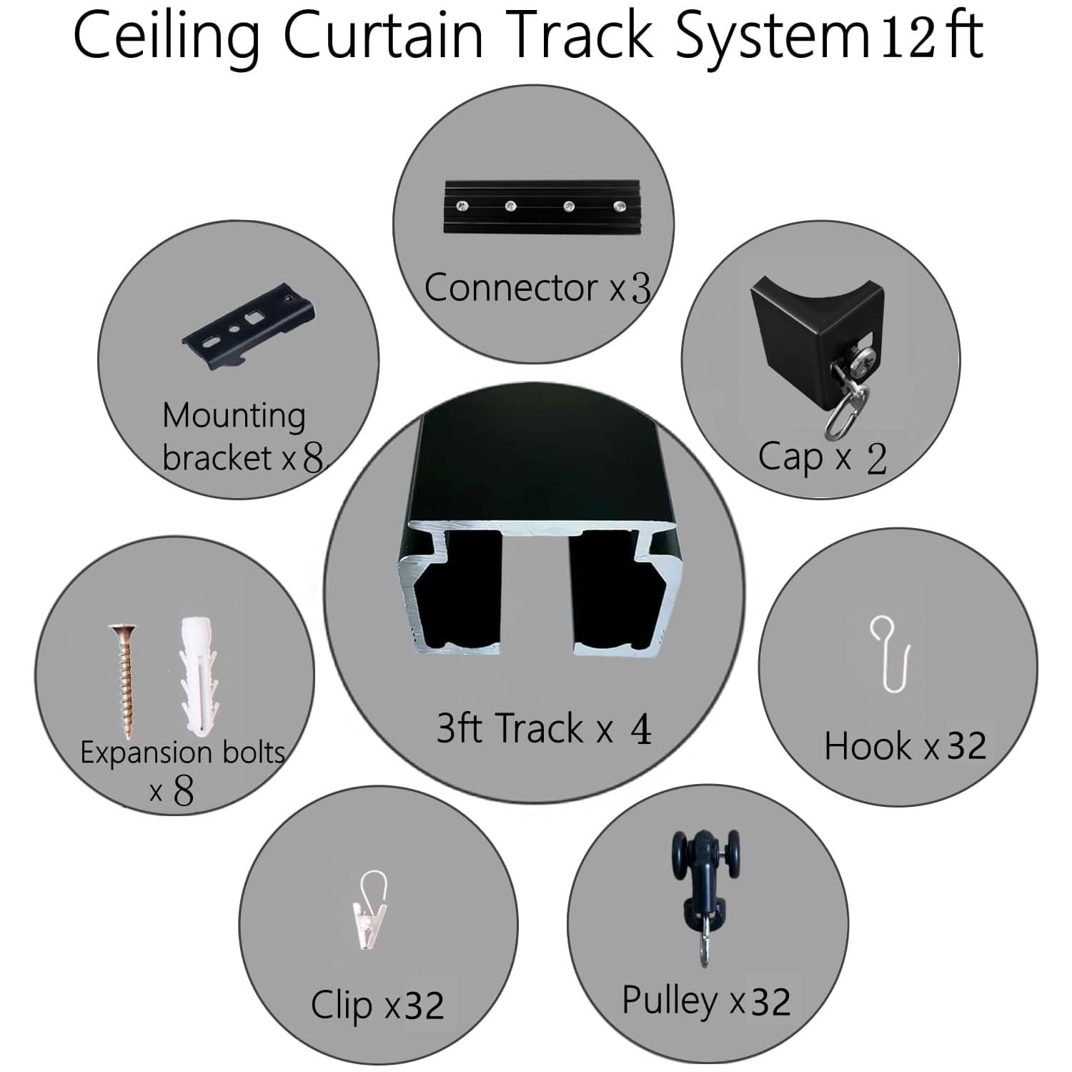 Heavy Duty Ceiling Mount Curtain Track System - 3-12ft Black Room Divider & Privacy Partition for RV, Shower, Outdoor & Home Use | Durable Rail with Clip Hook Set