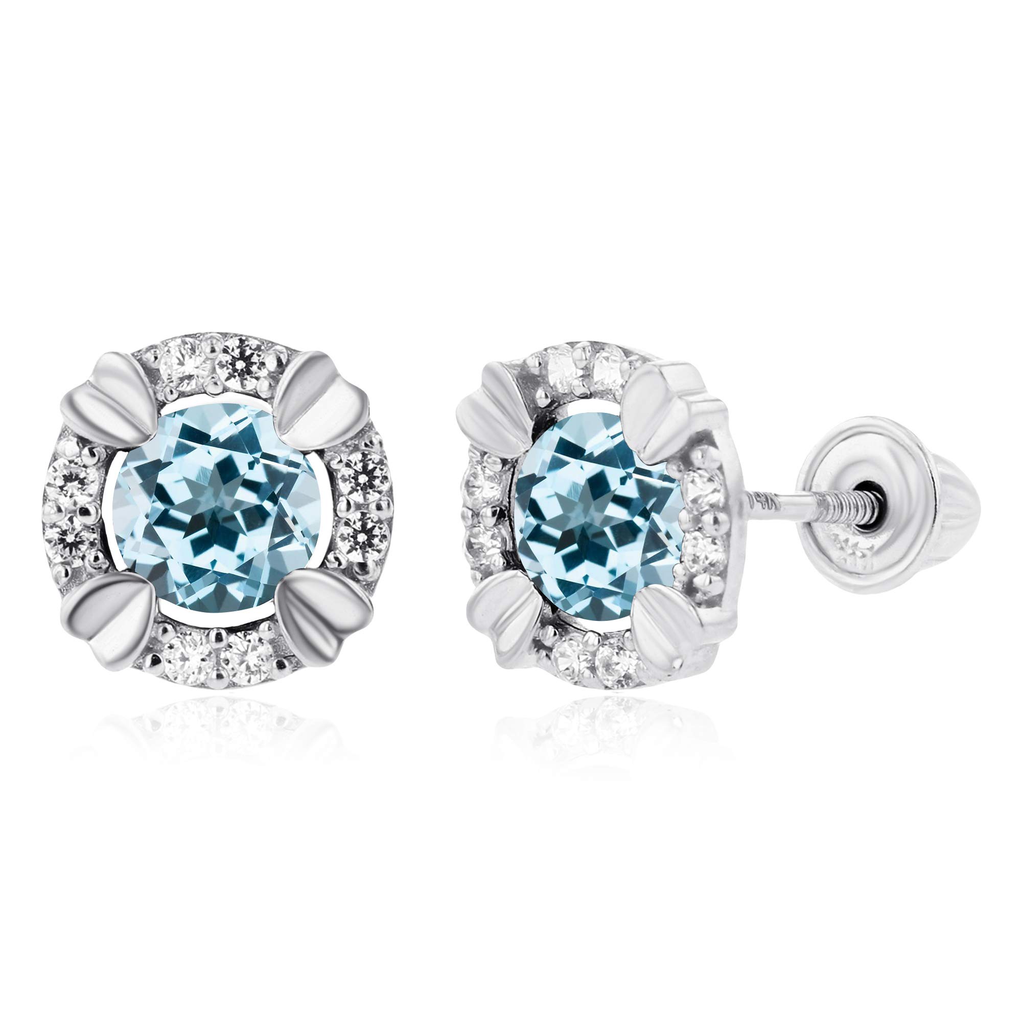 14K Solid Gold 8mm Natural Halo Birthstone Screwback Stud Earrings for Women | 4mm Round Birthstone Earrings | 1mm Created White Sapphire Halo Earrings | Perfect for Birthdays, Anniversaries & Everyday Elegant Wear