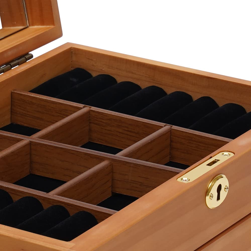 3-Layer Wooden Jewelry Box Organizer with Mirror & Lock - 2 Drawers Display Storage Case for Necklaces, Rings, Earrings - Perfect for Bedroom Vanity, Travel & Gift Giving