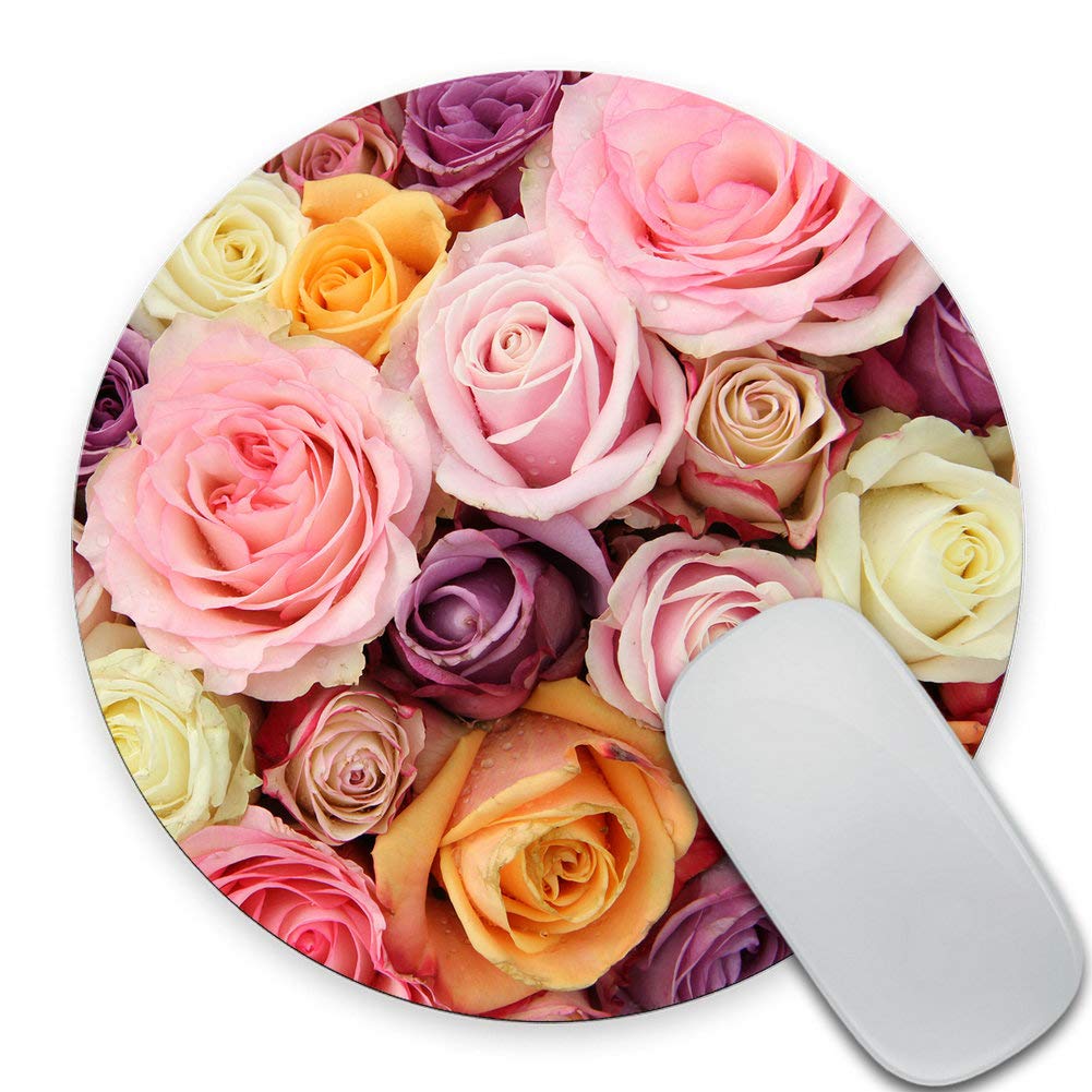 Floral Round Mouse Pad with Pink Purple Yellow Flowers - Non-Slip Cute Circular Mousepad for Office, Home & Gaming - Soft Comfortable Desk Accessory for Computers & Laptops