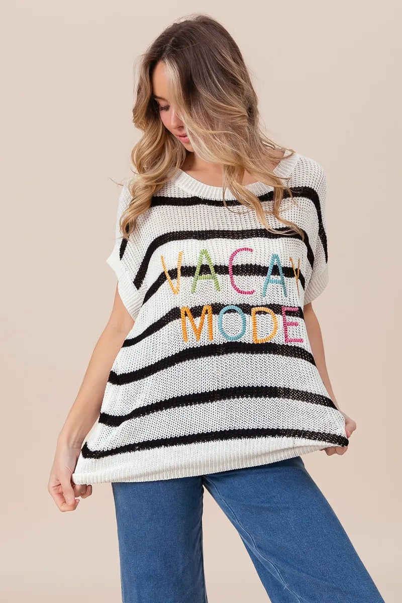 BiBi Vacay Mode Lettering Drop Shoulder Striped Sweater - Women's Casual Oversized Pullover for Beach Vacation, Travel & Cozy Fall Outfits