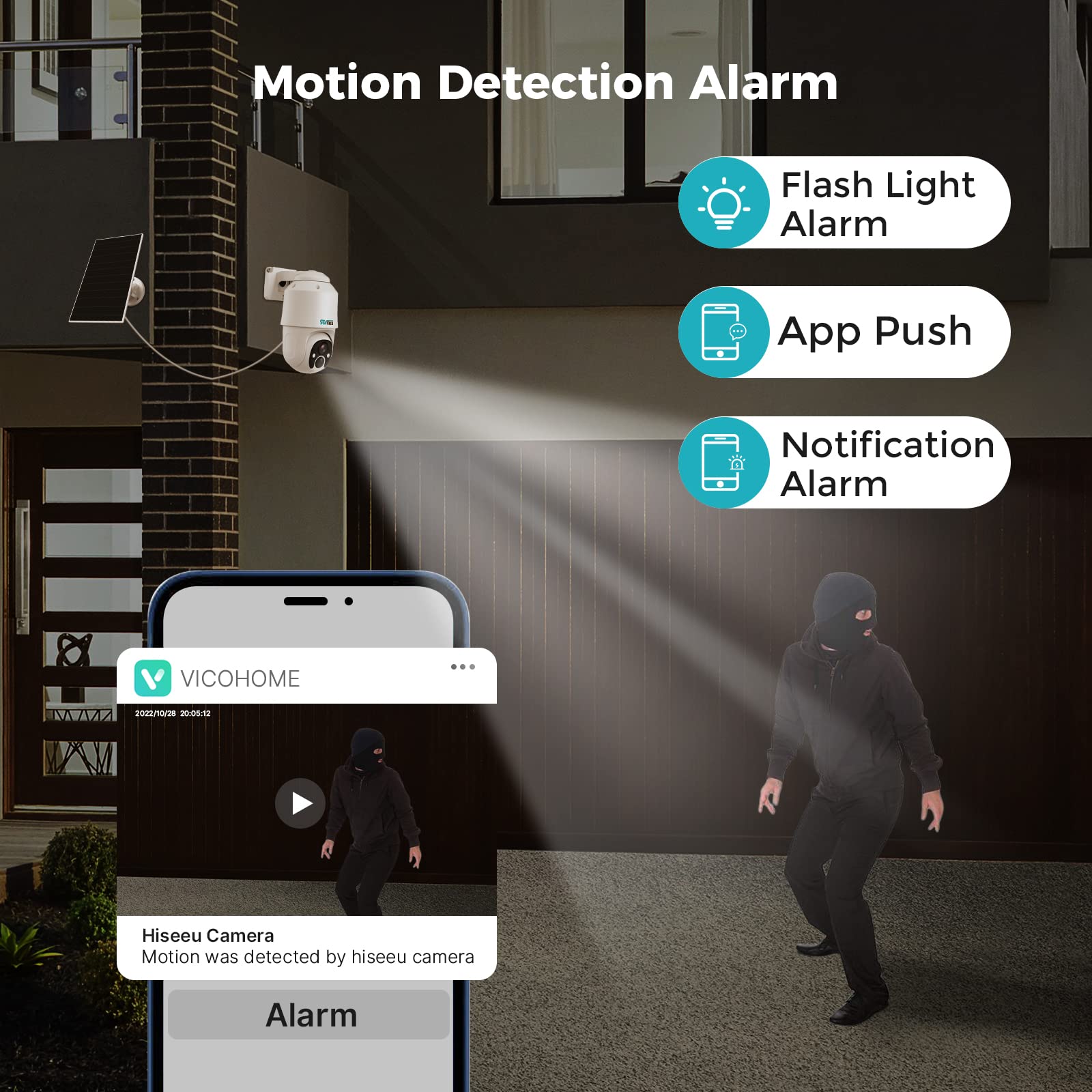 SOVMIKU 2A1 4MP Solar-Powered Wireless Outdoor Security Camera with 2-Year Free Cloud Storage, Two-Way Audio, Motion Detection, 360° Pan/Tilt, Color Night Vision & Alarm - Ideal for Home, Garage, Yard & Business Surveillance