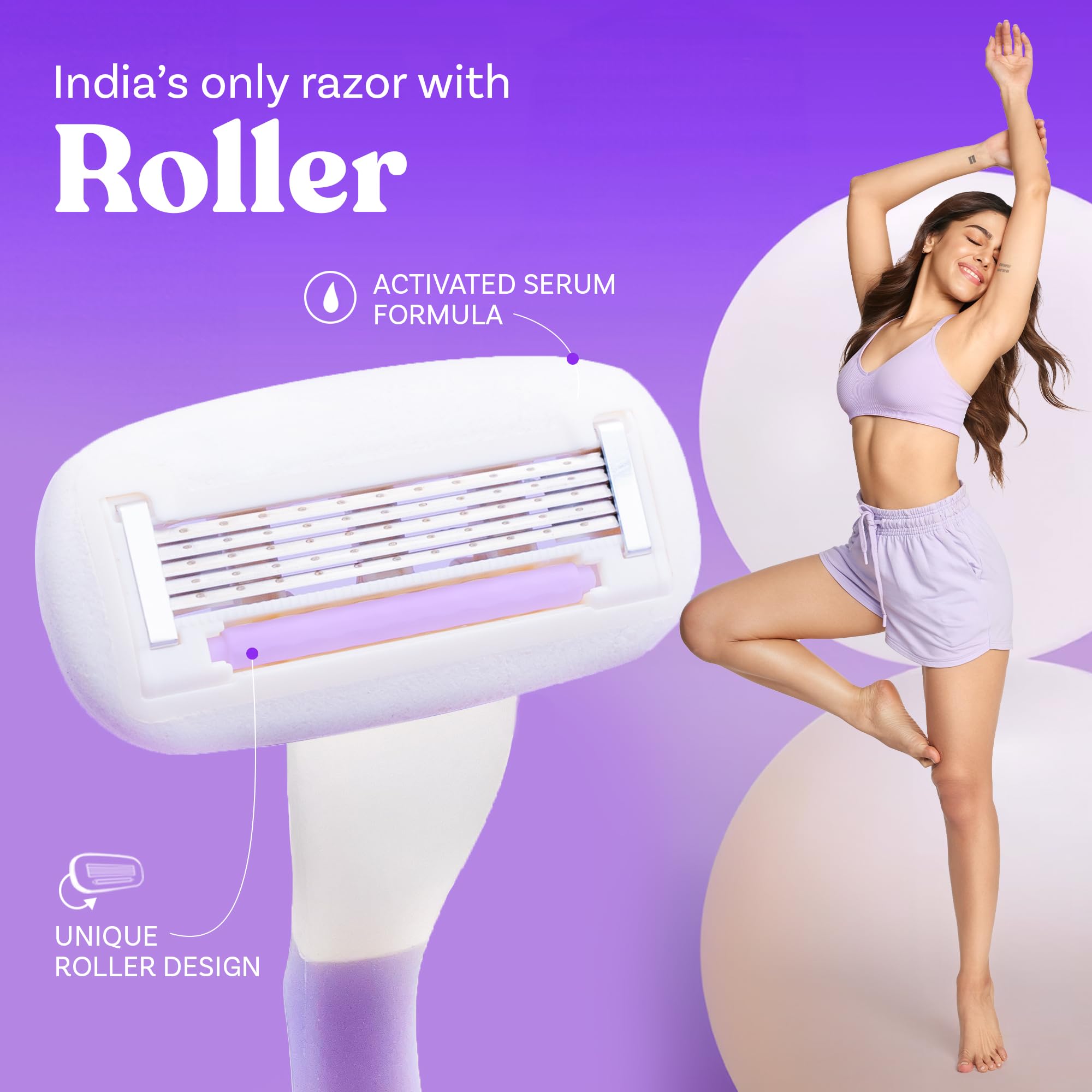 Bombae Rollplay Glow Women's Hair Removal Razor with Aloe Vera, Vitamin E & Jojoba Oil | 1 Razor + 1 Refill | Roller Technology for Smooth Shaving | Curve-Friendly Design | Long-Lasting Results | Perfect for Bikini Line, Legs & Underarms