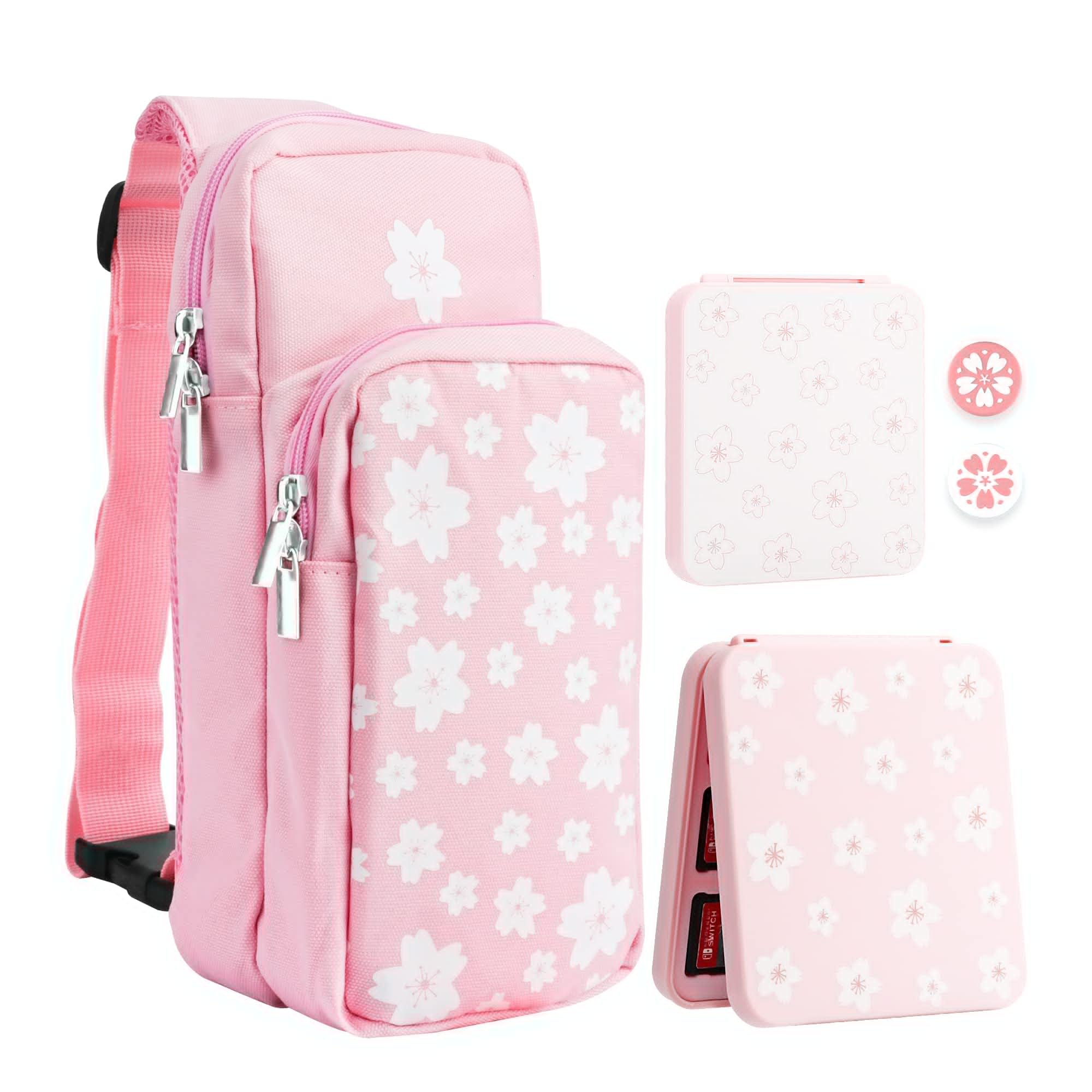 Pink Travel Bag for Nintendo Switch/Lite/OLED - Large Capacity Portable Carrying Case with 12 Game Slots & Thumb Grip Caps - Sakura Design - Perfect for Gaming On The Go, Travel, and Accessories Storage