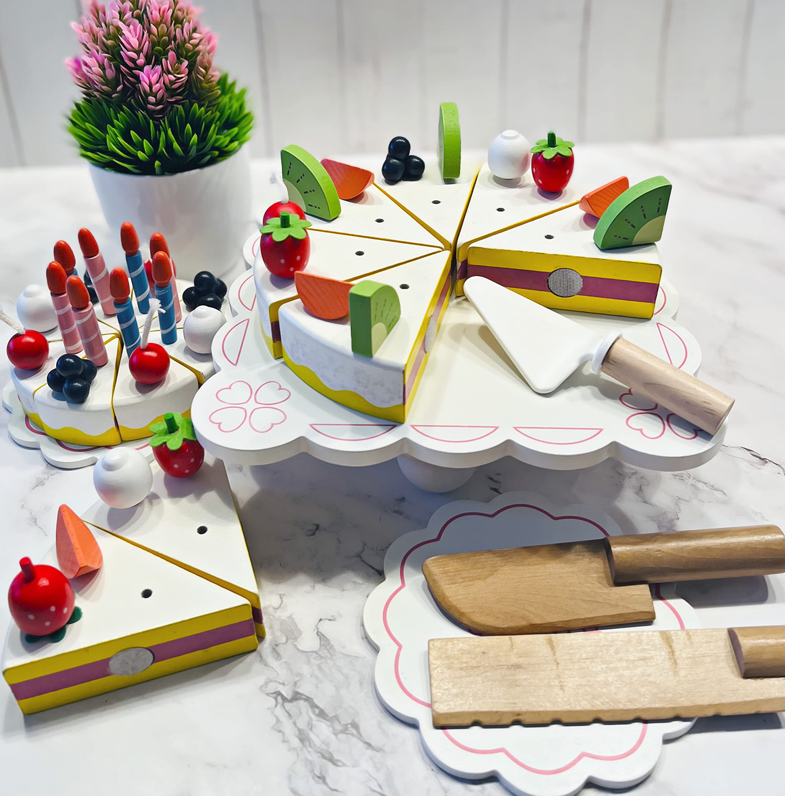 2 Tier Fake Wood Birthday Cake Set - White Decorative Cake with Fruit & Candles for Wedding, Baby Shower & Party Decorations
