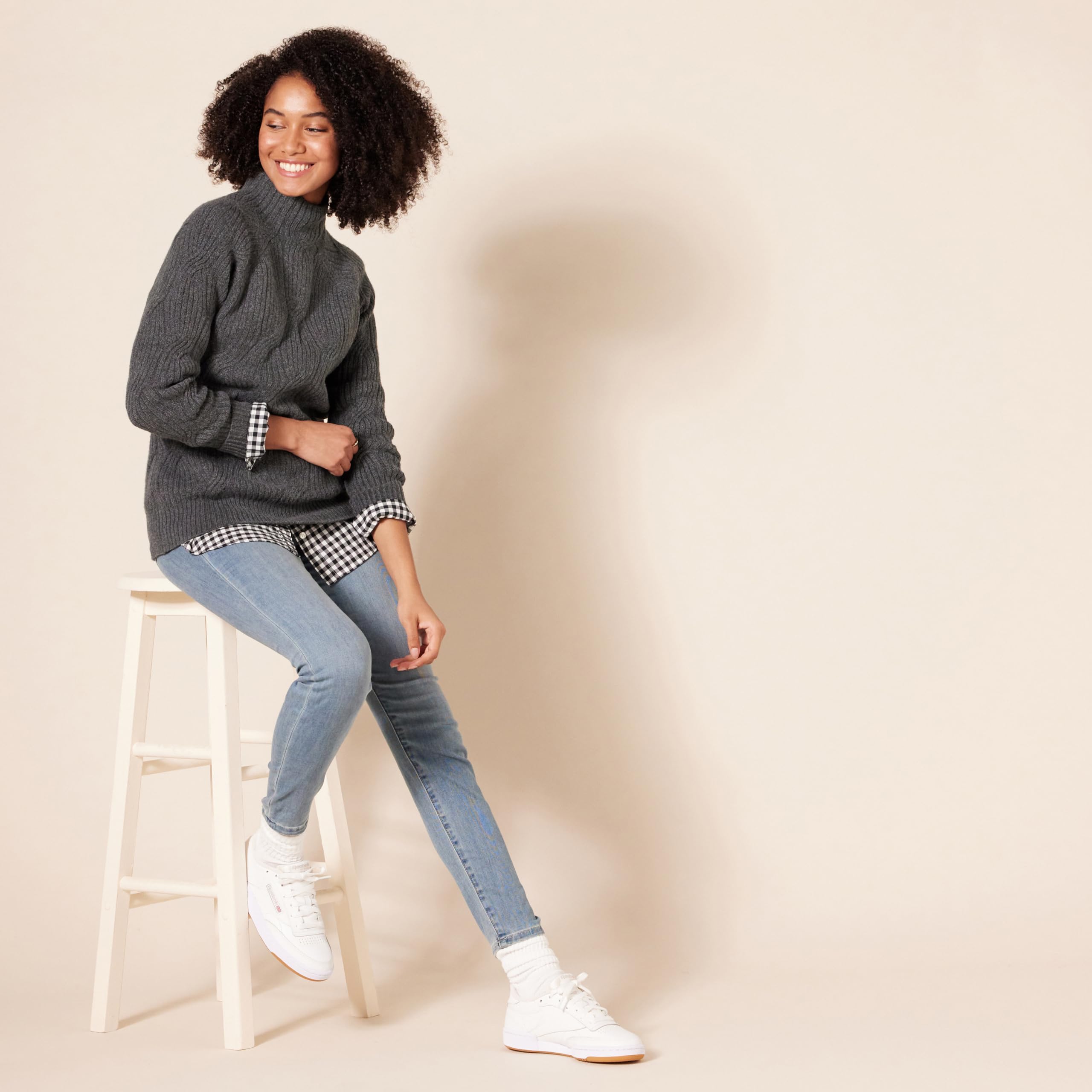 Amazon Essentials Women's Soft Touch Funnel Neck Cable Knit Sweater - Cozy Winter Pullover for Casual Wear & Office Outfits