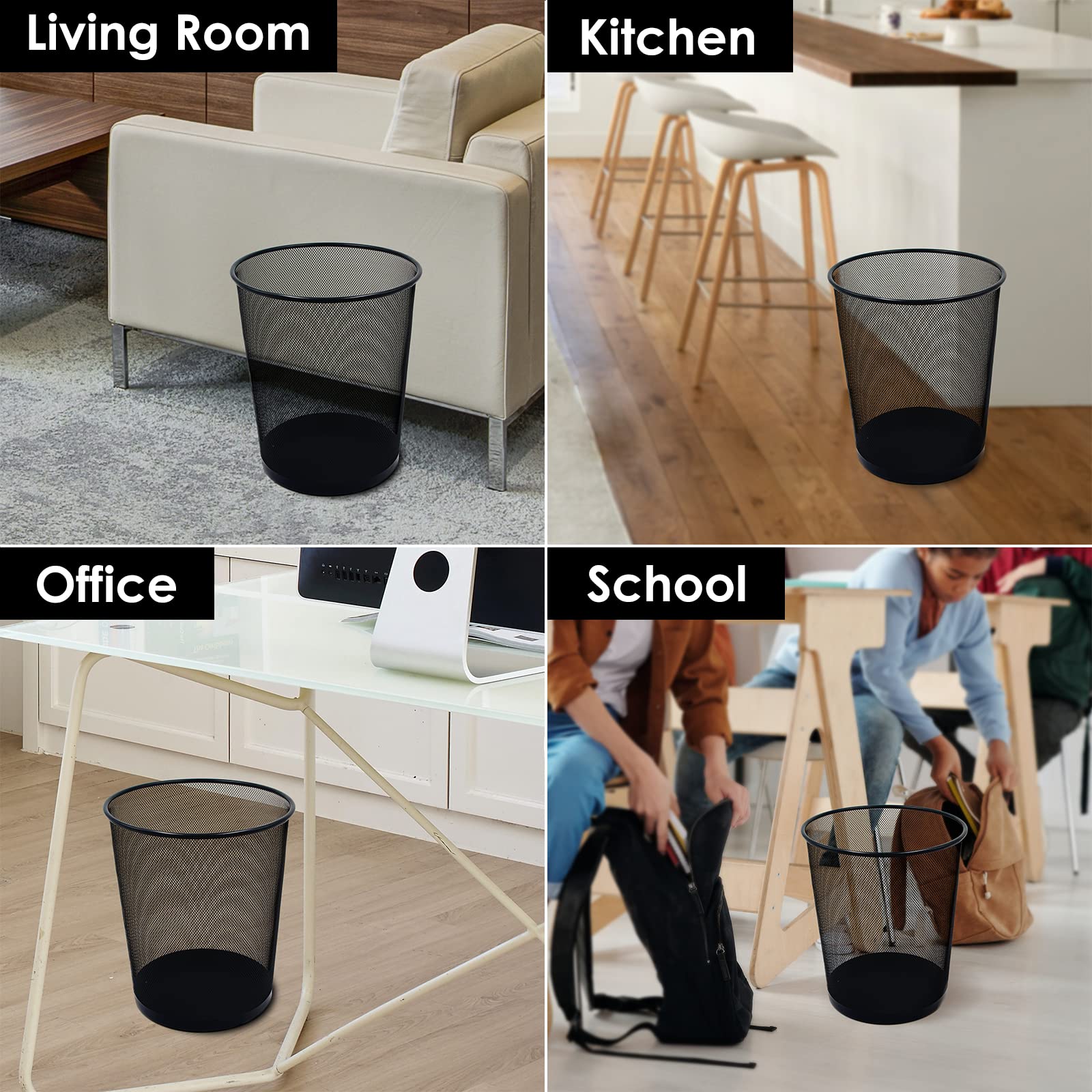 10-Pack 6 Gallon Black Mesh Trash Cans - Open Metal Wire Waste Baskets for Office, Home & School - Ideal for Desk-Side Recycling & Garbage Disposal - Durable Waste Containers for Paper, Plastic & General Trash