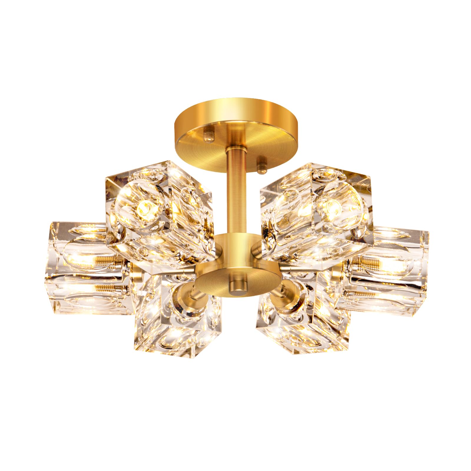 Modern 6-Light Gold Crystal Chandelier - Semi Flush Mount Ceiling Light Fixture with Brushed Nickel Finish | Elegant Sputnik Chandelier for Hallway, Entryway, Bedroom, Dining Room, Farmhouse Kitchen & Office | Perfect for Dining Room Ambiance and Bedroom Lighting
