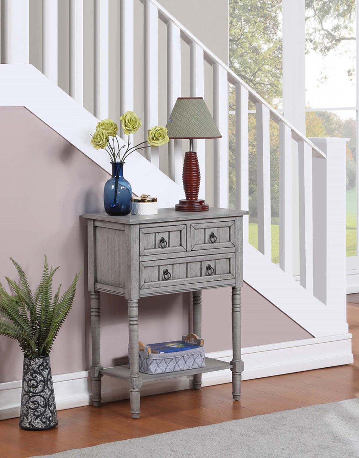 Convenience Concepts Kendra 3-Drawer Hall Table with Shelf - Wirebrush Light Gray Finish | Entryway Console Table for Small Spaces, Narrow Hallway & Apartment Living Room Decor