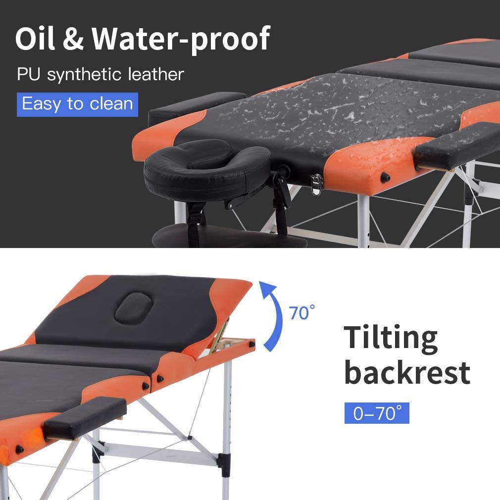 DKELI Portable Foldable Massage Table - 84 Inch Adjustable Height, 3-Fold Salon Spa Bed with Aluminum Legs, Face Cradle & Carry Case - Supports 450LBS - Perfect for Tattoo, Facial, and Professional Massage Therapy
