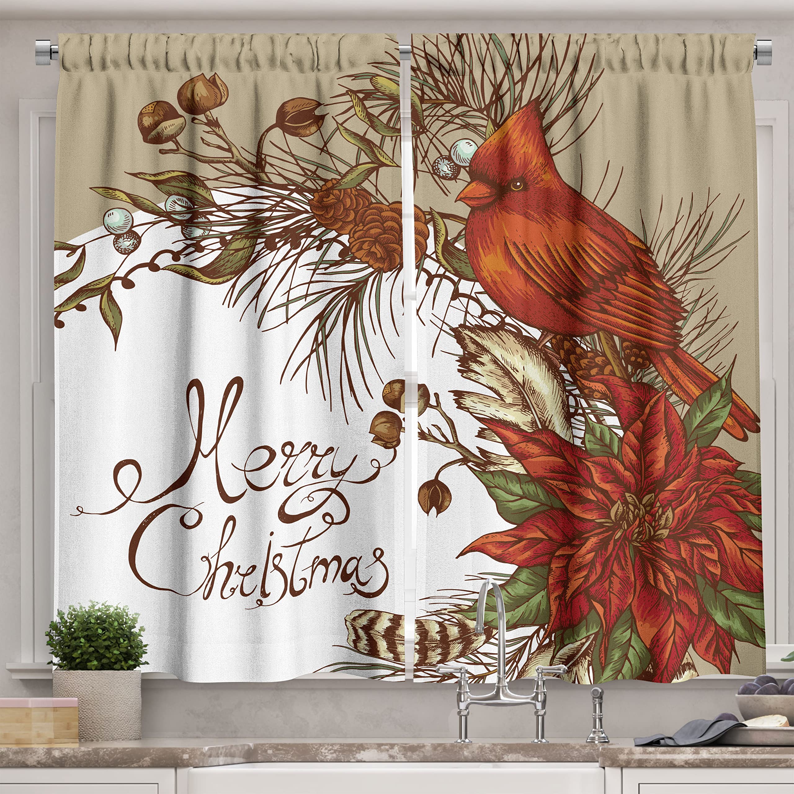 Lunarable Cardinal Kitchen Curtains - Vintage Floral Christmas Poinsettia & Pine Cones Print, 2 Panel Window Drapes Set for Kitchen & Cafe Decor, 55