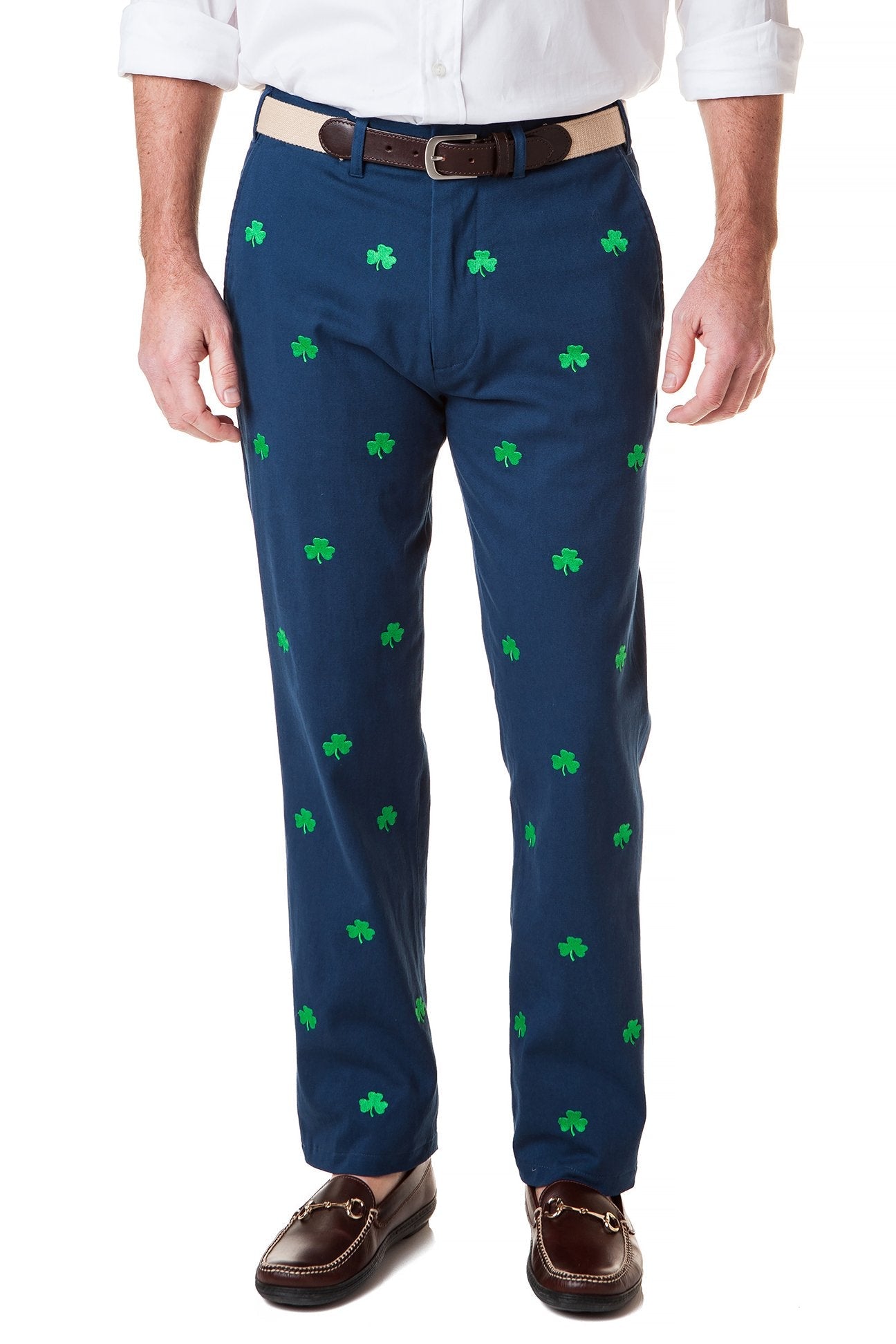 Stretch Twill Harbor Pant in Nantucket Navy with Shamrock Print - Comfortable Casual Pants for Work, Travel & Everyday Wear