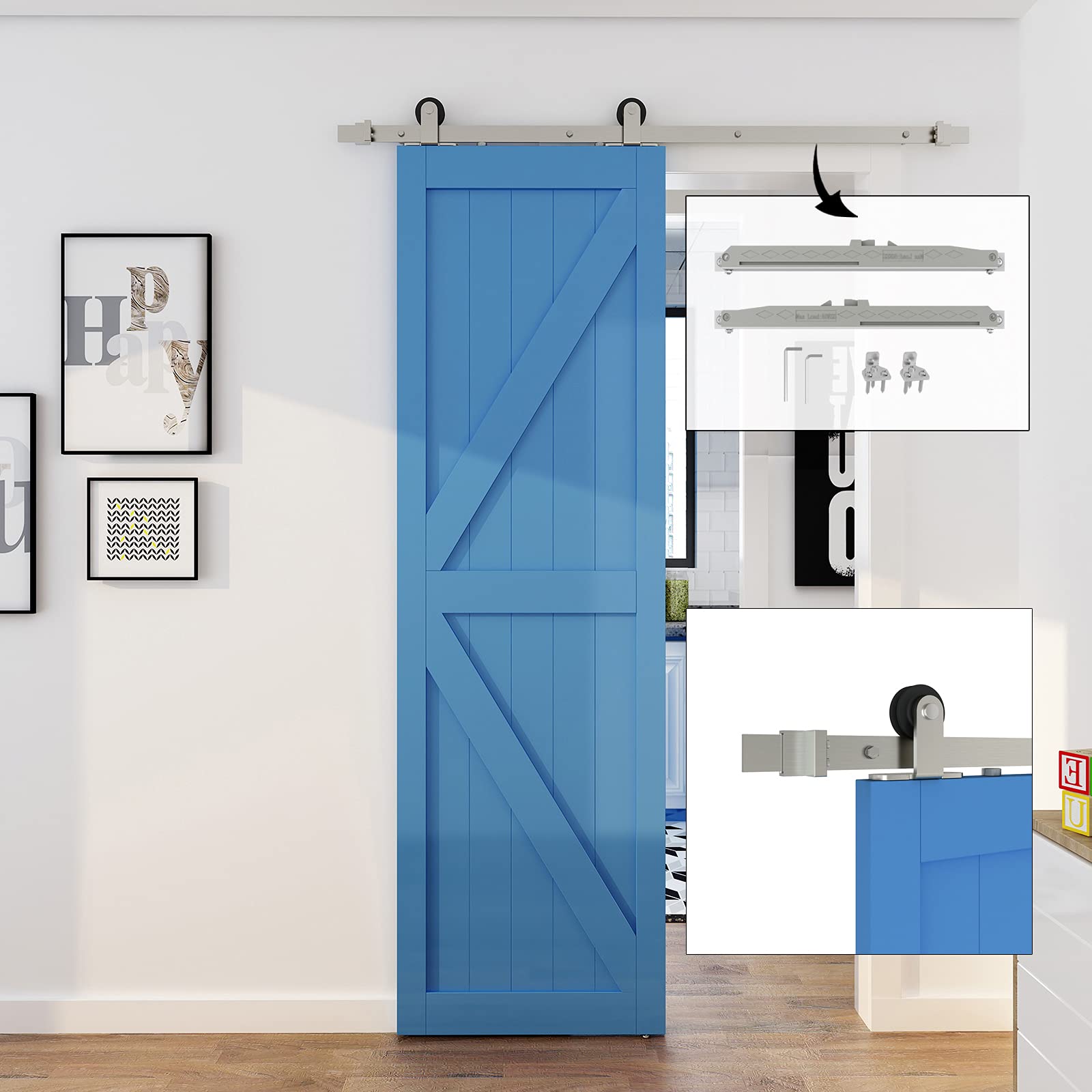 JUBEST Satin Nickel Sliding Barn Door Hardware Kit - Top Mounted Roller with Soft Close (5FT Track Kit) - Perfect for Bedroom, Closet & Farmhouse Style Interior Doors