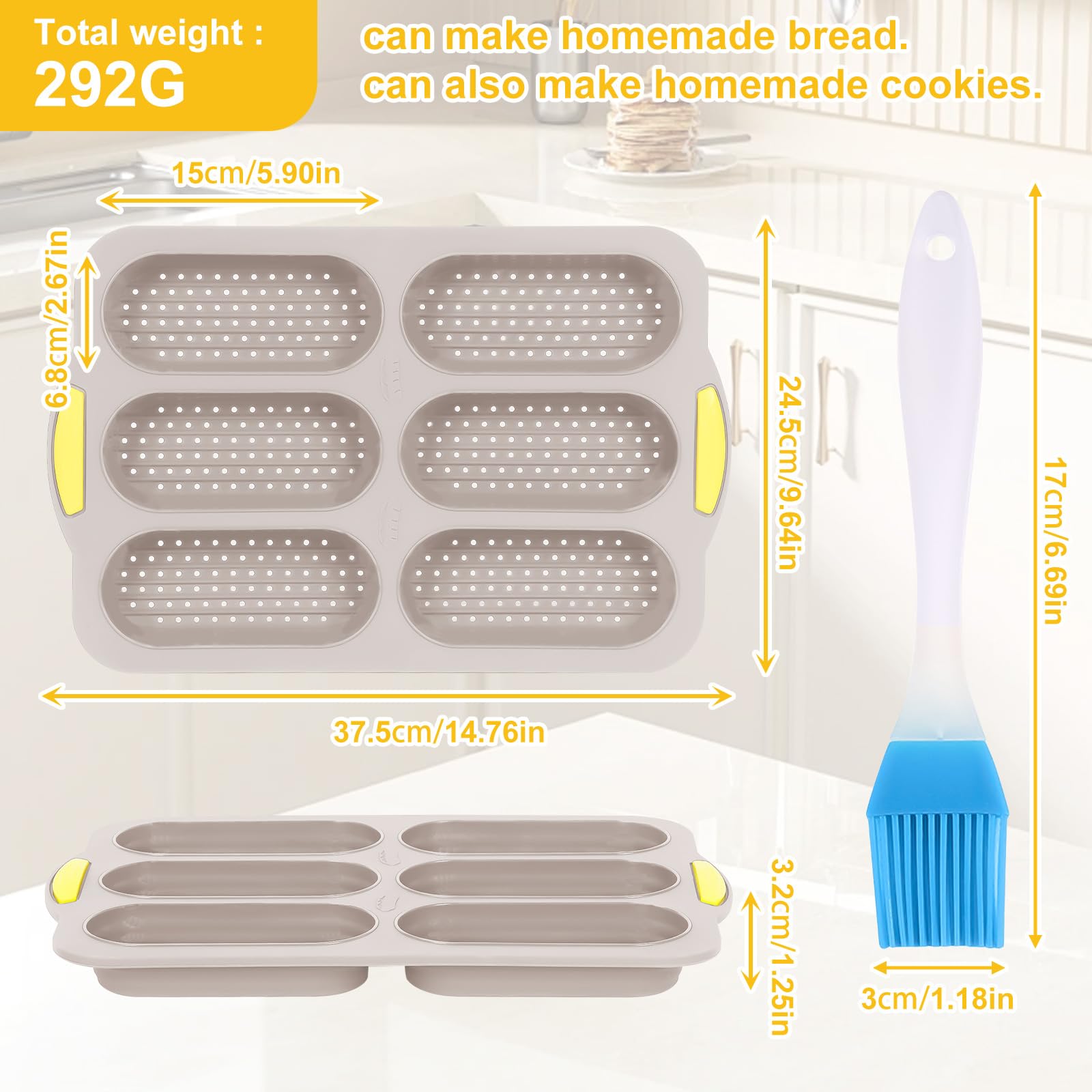 Nonstick Silicone Baguette Pan - 6-Cavity Perforated Baking Tray for French Bread, Hot Dog Buns & Sandwiches | Oven-Safe Bread Mold in Nordic Brown | Perfect for Home Baking, Restaurants & Bakeries