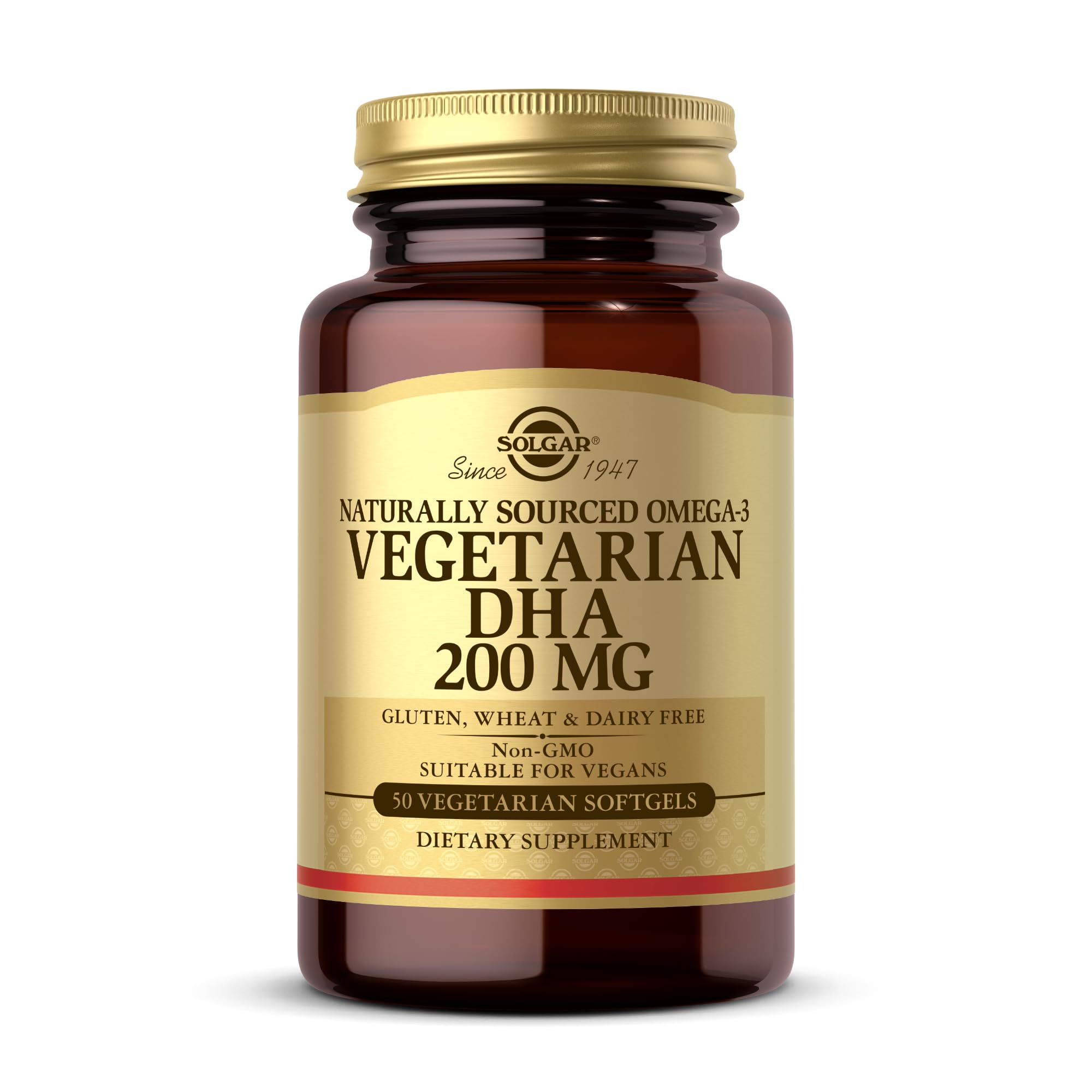 Solgar Vegetarian DHA 200 mg Omega-3 Softgels - 50 Count, Plant-Based, Vegan, Gluten Free & Dairy Free Supplement - Supports Brain, Eye & Heart Health - Perfect for Daily Wellness Routine