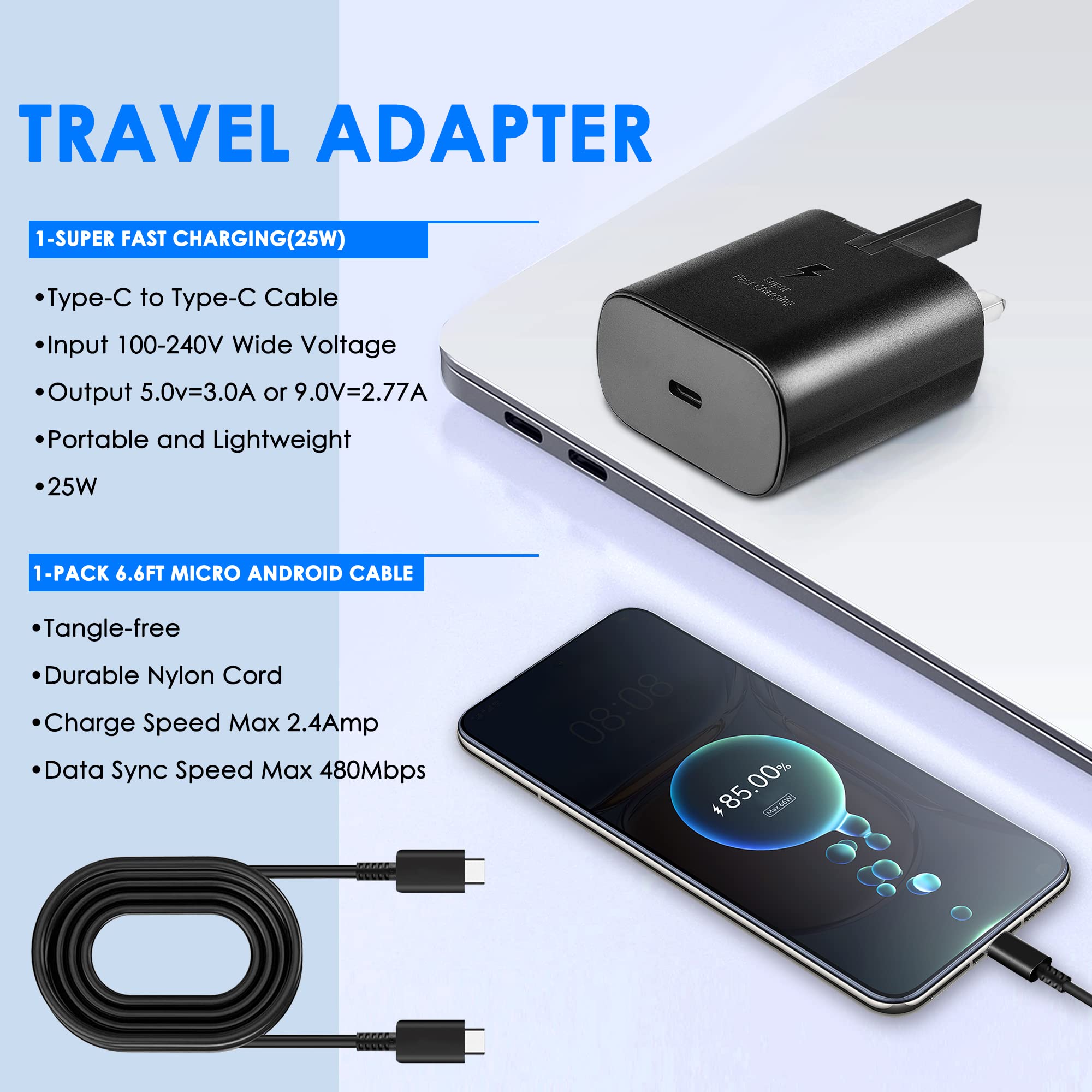 25W Samsung Fast Charger Plug with 6FT USB C Cable - Compatible with Galaxy S23/S22/S21/S20, Note 20/10, A Series & USB-C Devices | Quick Charge 3.0 | Perfect for Home, Office & Travel Charging Needs