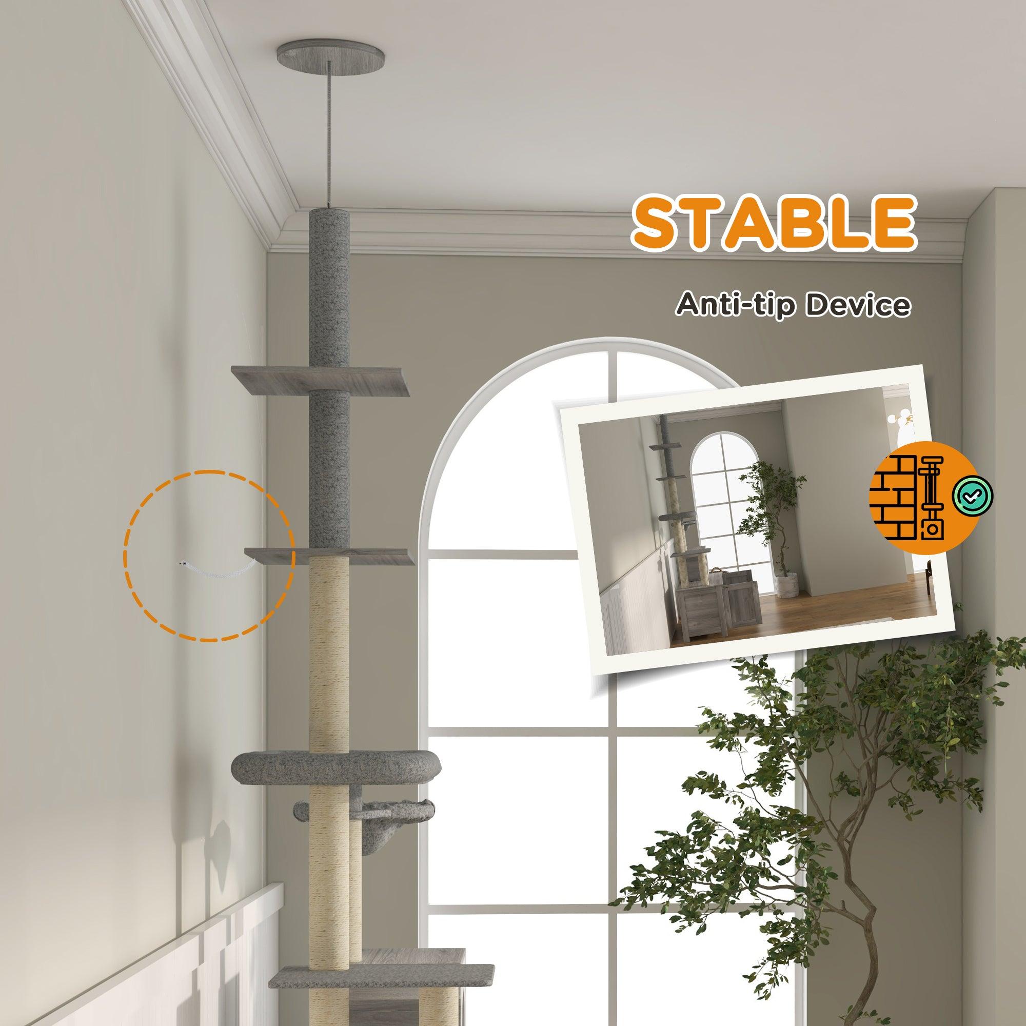 Multi-Level Cat Tree with Hidden Litter Box - 2-in-1 Floor to Ceiling Cat Tower with Condo, Bed, Hammock & Scratching Posts - Space-Saving Cat Furniture for Small Apartments (Gray) - Perfect for Indoor Cats Who Need Privacy While Using the Litter Box