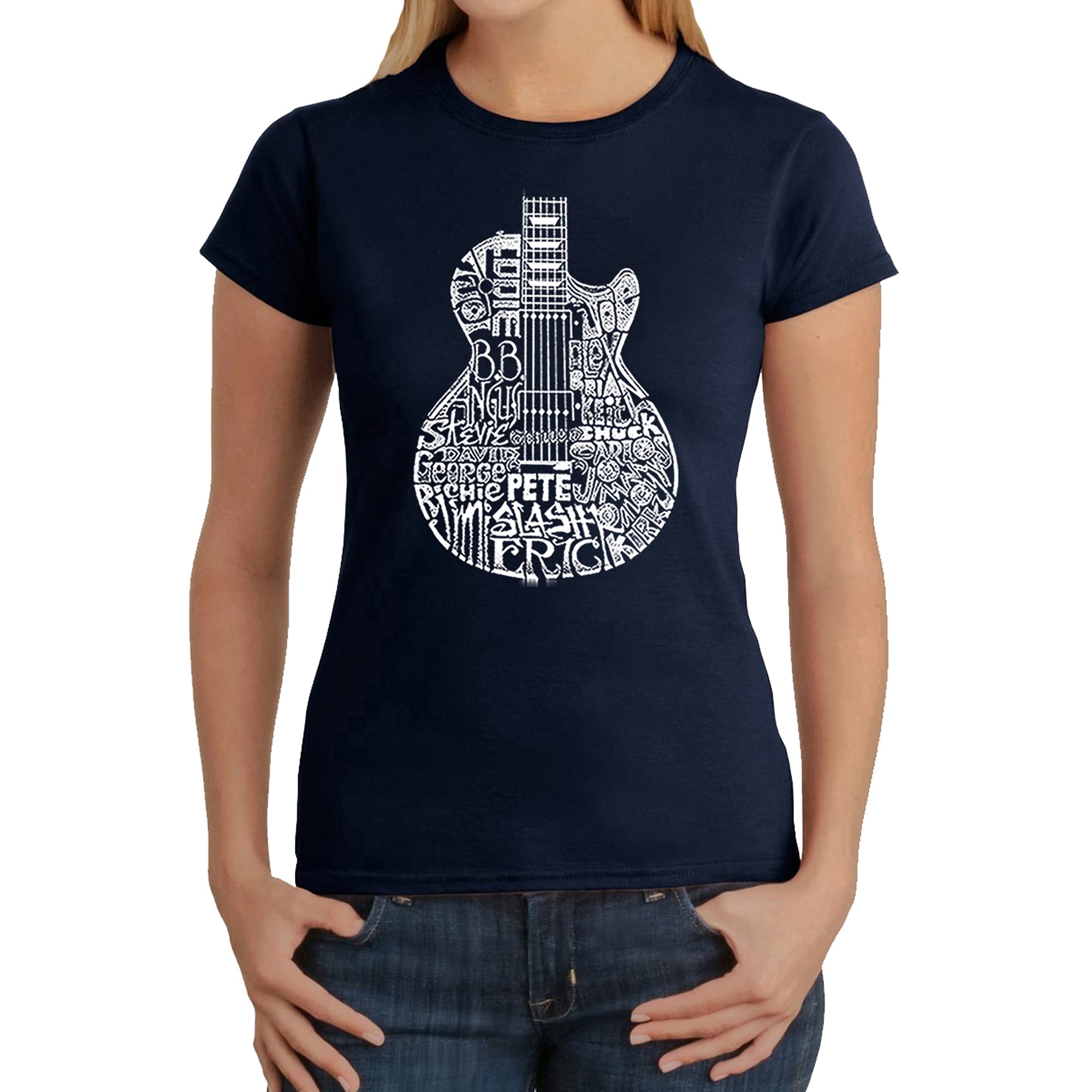 LA POP ART Women's Word Art Graphic T-Shirt - Rock Guitar Head Design | Casual Streetwear & Music Festival Outfit