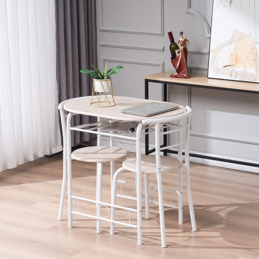 3 Pcs Modern Wood Dining Table and Chairs Set with Two Stools, Contemporary White Kitchen Breakfast Table for Home, Office, or Small Spaces