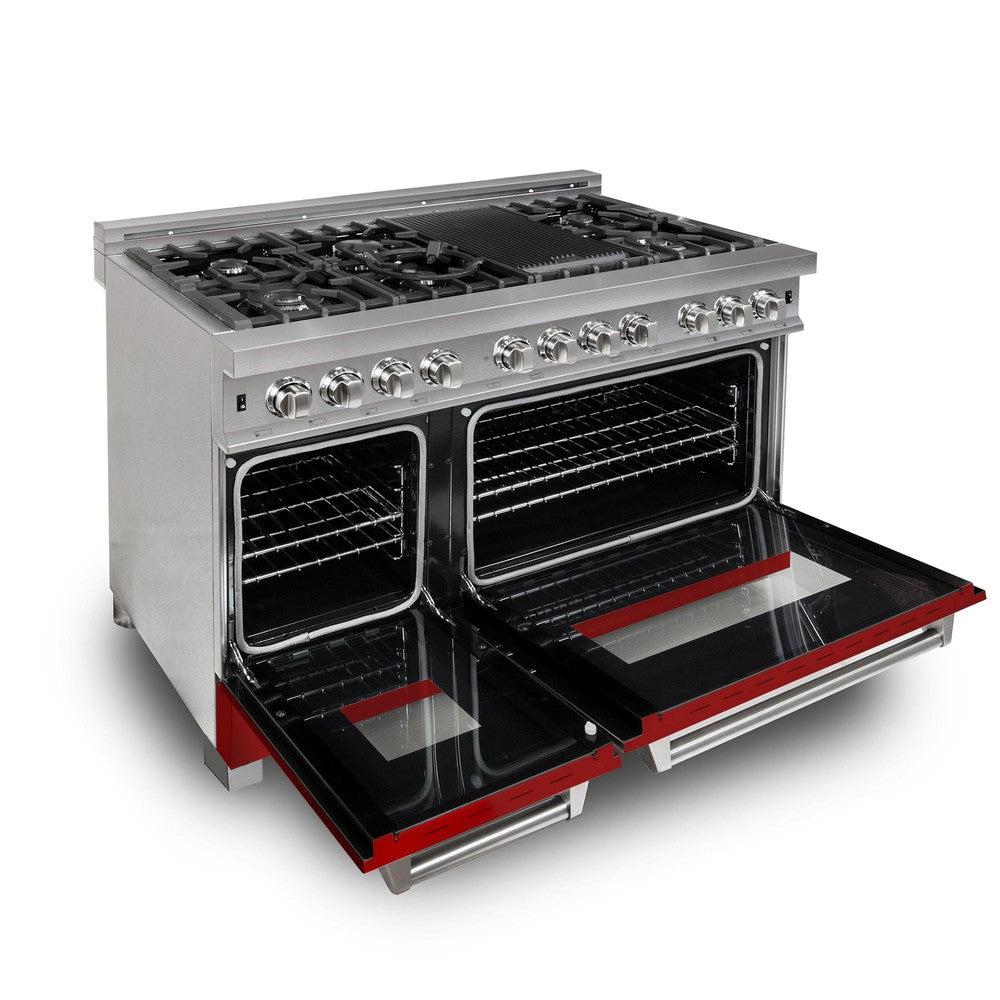 ZLINE 48-Inch 6.0 cu. ft. Dual Fuel Range with 7-Burner Gas Cooktop & 2 Electric Ovens - Satin Stainless Steel with Red Matte Doors (RAS RM 48) - Ideal for Professional Home Kitchens and Gourmet Cooking
