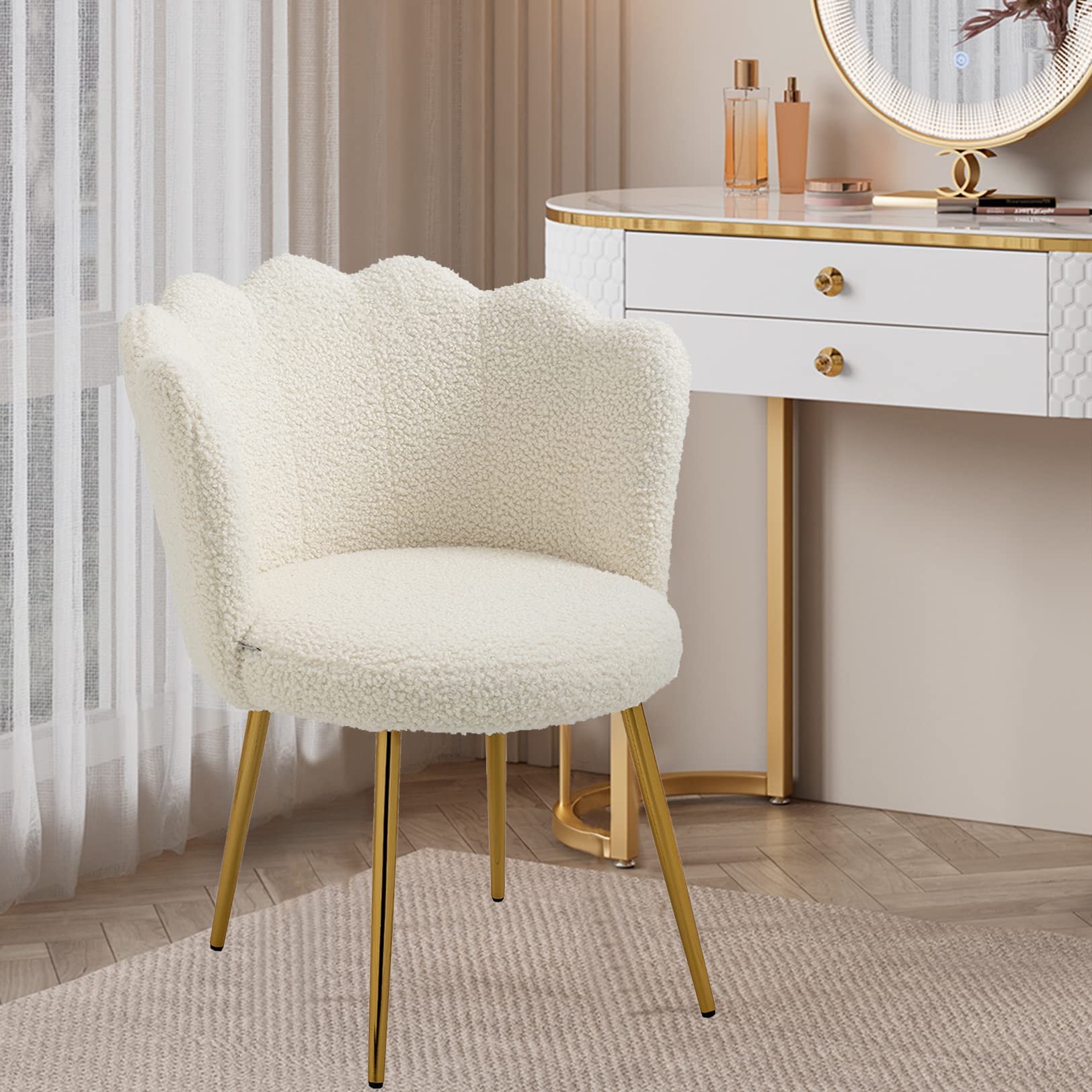 Fluffy Pink Faux Fur Vanity Chair - Adjustable Swivel Computer Desk Chair with Wheels, Height Adjustable Cute Makeup Chair for Teen Girls Bedroom, Home Office & Gaming Room - Soft White Faux Fur (Perfect for Vanity Tables, Dressing Rooms & Cozy Workspaces)