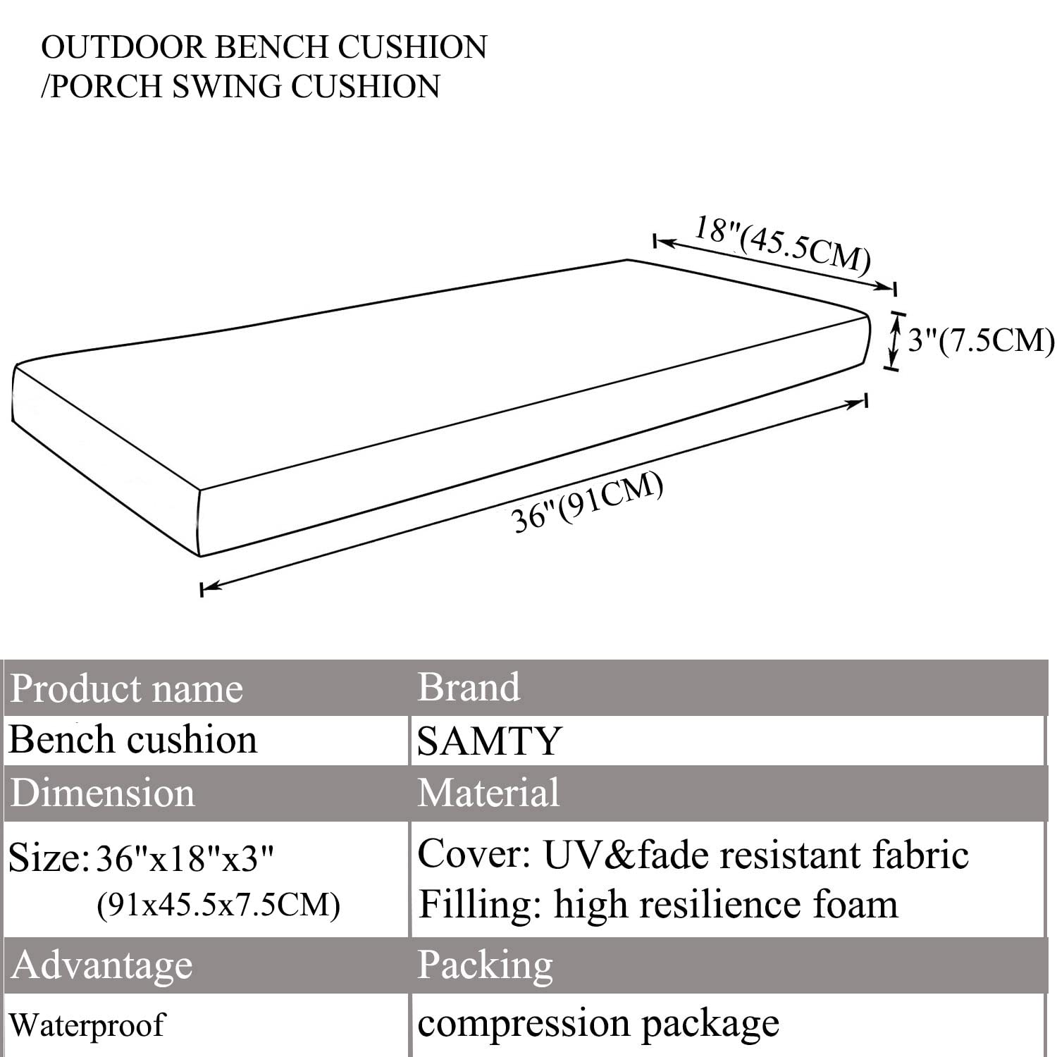 Waterproof Outdoor Bench Cushion 36x18 Inch - Grey Patio Furniture Cushion for Garden, Porch Swing & Settee | All-Weather Seat Pad for Deck, Backyard & Outdoor Lounge Areas