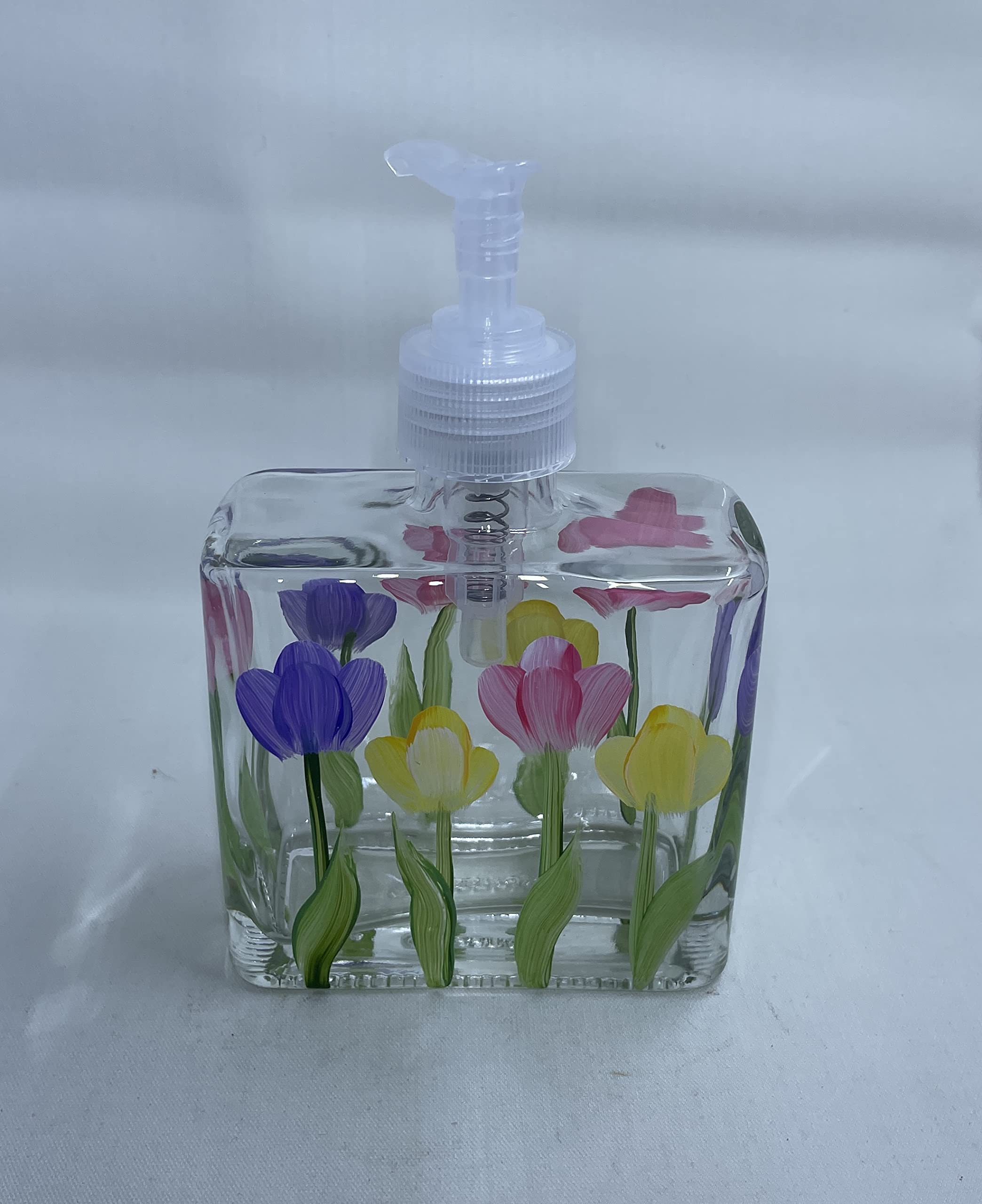 Hand Painted Spring Tulips Soap Dispenser - Pink, Yellow & Purple Floral Design for Bathroom, Kitchen Sink Decor | Elegant Liquid Soap Dispenser for Home, Office & Gift Giving