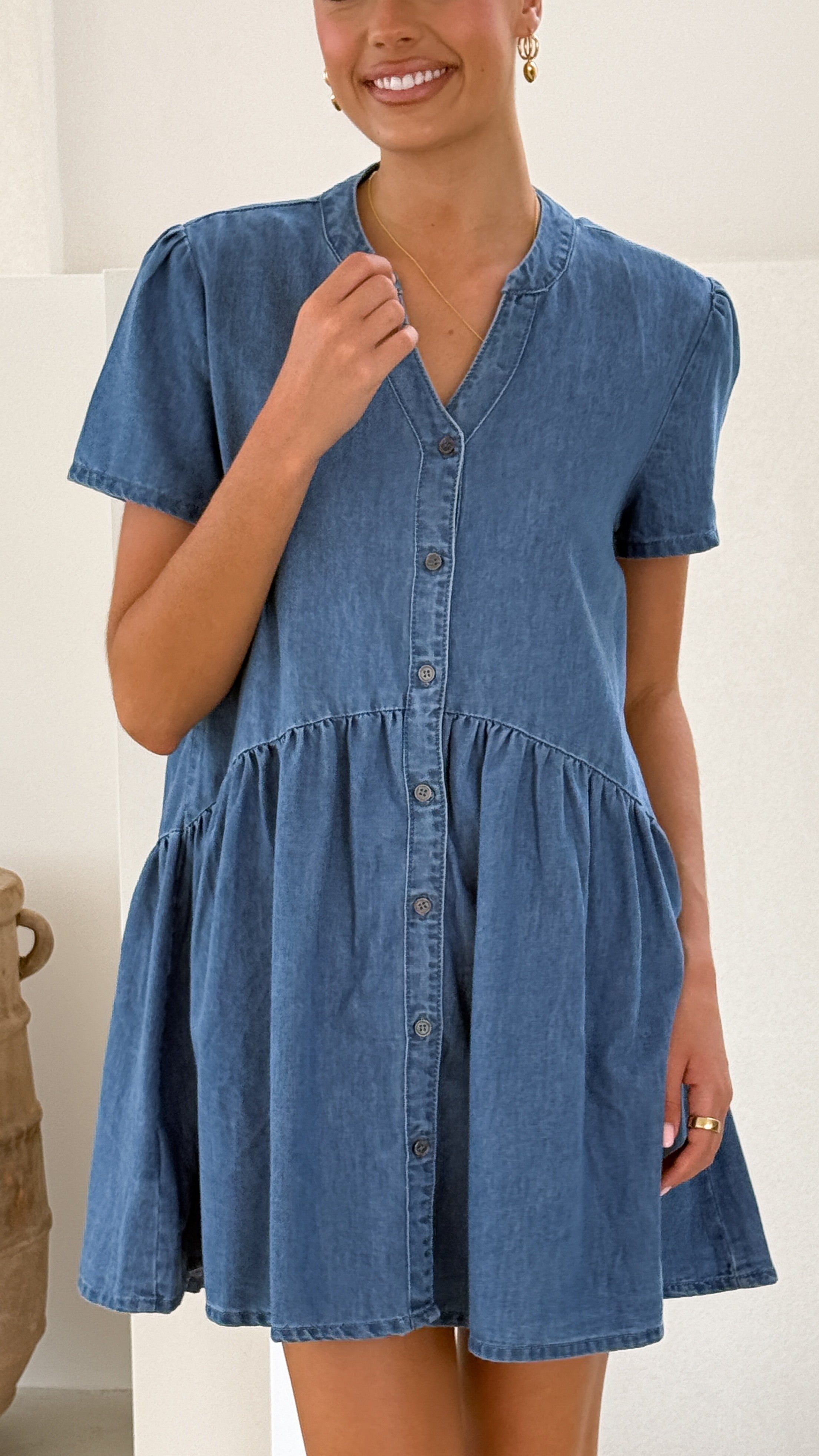 Juliani Mini Dress - Blue Denim Short Sleeve Casual Summer Dress for Women | Perfect for Beach, Party & Date Night Outfits