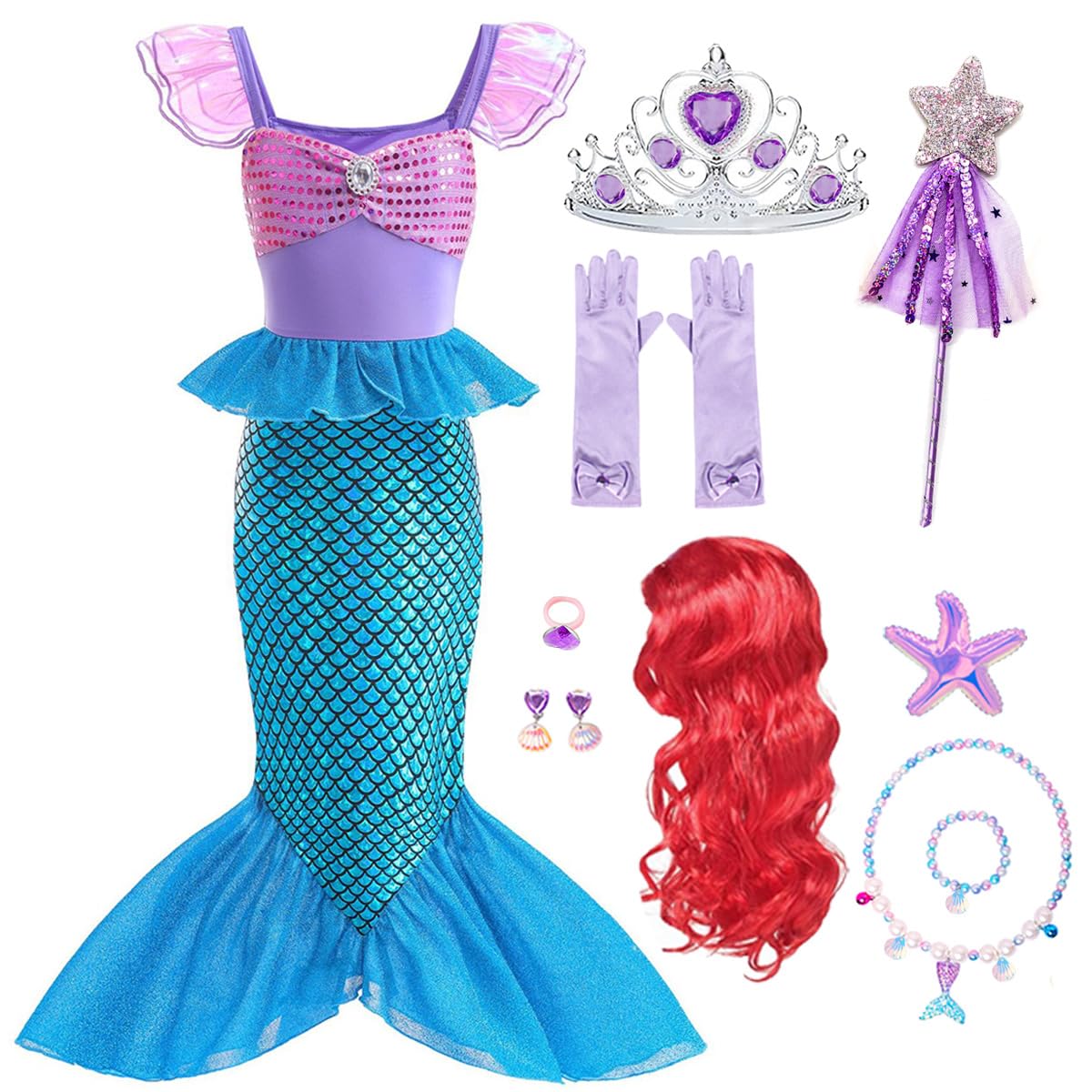 **Ariel Mermaid Costume for Girls - Princess Dress Up Set with Accessories & Wig - Perfect for Birthday Parties, Halloween, Cosplay & Underwater Themed Events**