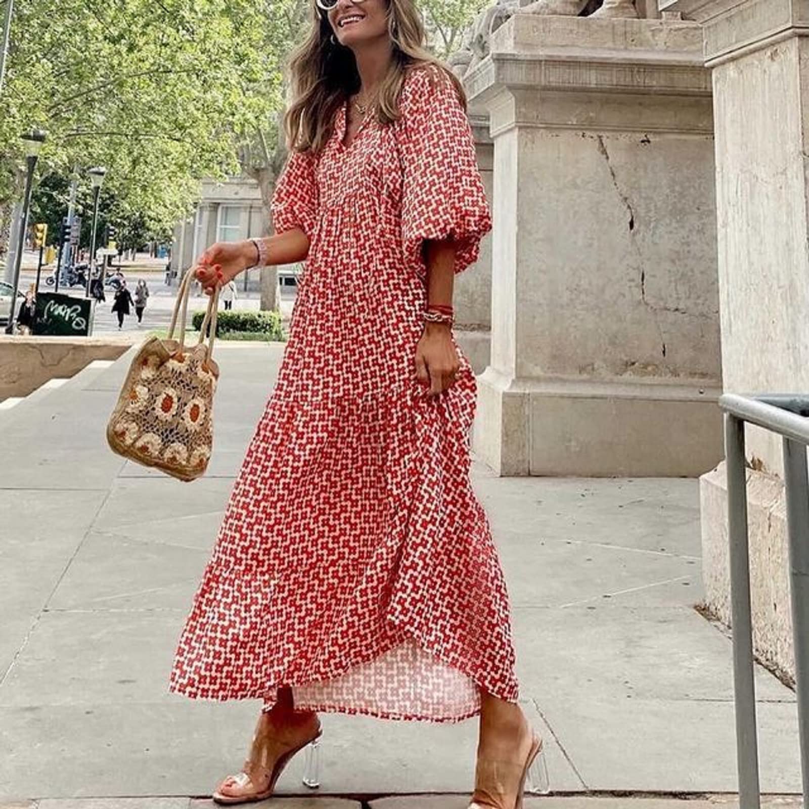 NUFIWI Women's Summer Boho Floral Print Short Puff Sleeve V-Neck Maxi Dress - Smocked Waist Tiered Flare Sundress for Beach Vacation, Music Festival & Casual Outings