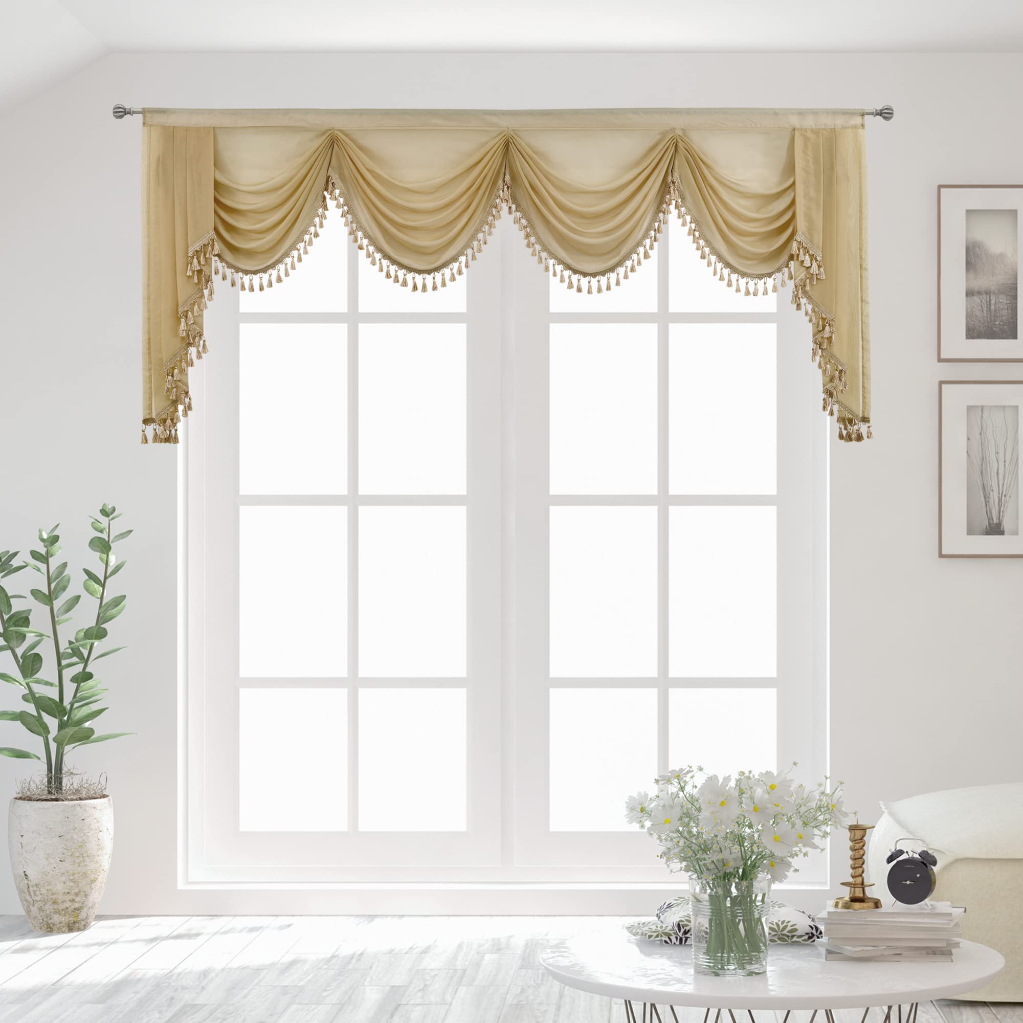 Sheer Beige Window Valance Curtains - 110 Inch Wide Rod Pocket Swag Valance for Living Room & Bedroom - Light Filtering Waterfall Valance Topper for Home Decor (1 Panel) - Perfect for Adding Elegance to Windows & Enhancing Privacy
