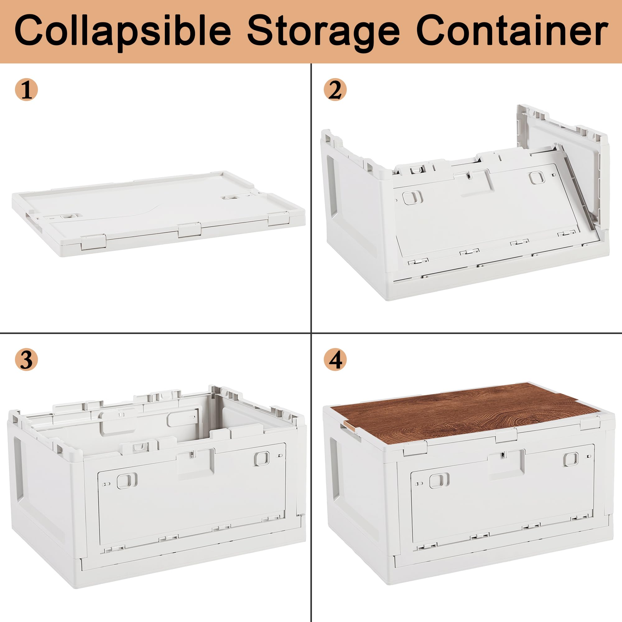 VECELO 55 Qt Collapsible Storage Bins with Lids - Large Foldable Plastic Organizer Box with Handles & 2 Side Doors - Portable Camping Storage Container for Outdoor Gear, Home Organization, Travel & RV - Beige