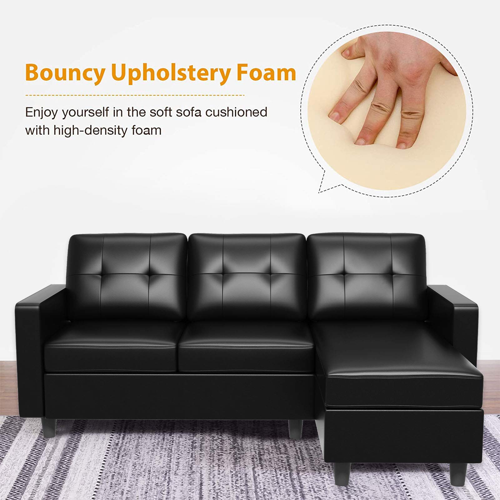 HONBAY Convertible L-Shaped Faux Leather Sectional Sofa for Small Spaces - Black | Modern Living Room Furniture for Apartments & Condos