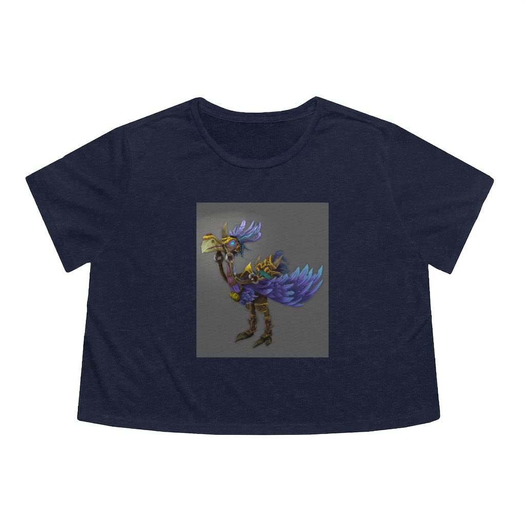 Women's Flowy Cropped T-Shirt - Squawkers The Ostrich Print - XL Size - Heather Navy Color - Casual Summer Top for Beach, Music Festivals & Streetwear