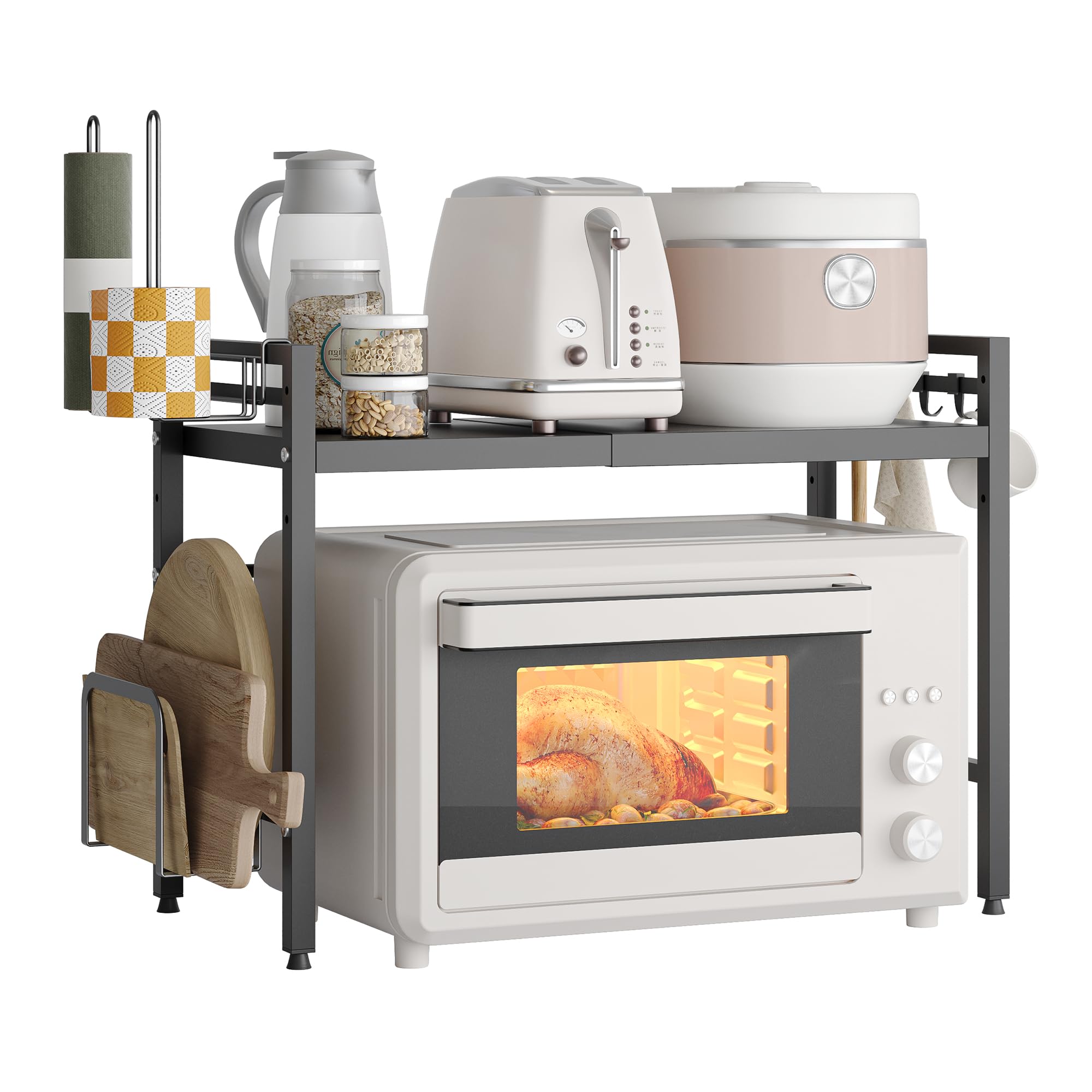 NETEL Expandable 2-Tier Metal Microwave Stand - Kitchen Countertop Organizer with Paper Towel Holder & Storage Baskets - 55lbs Capacity - Perfect for Small Spaces, Apartments, and Kitchen Organization