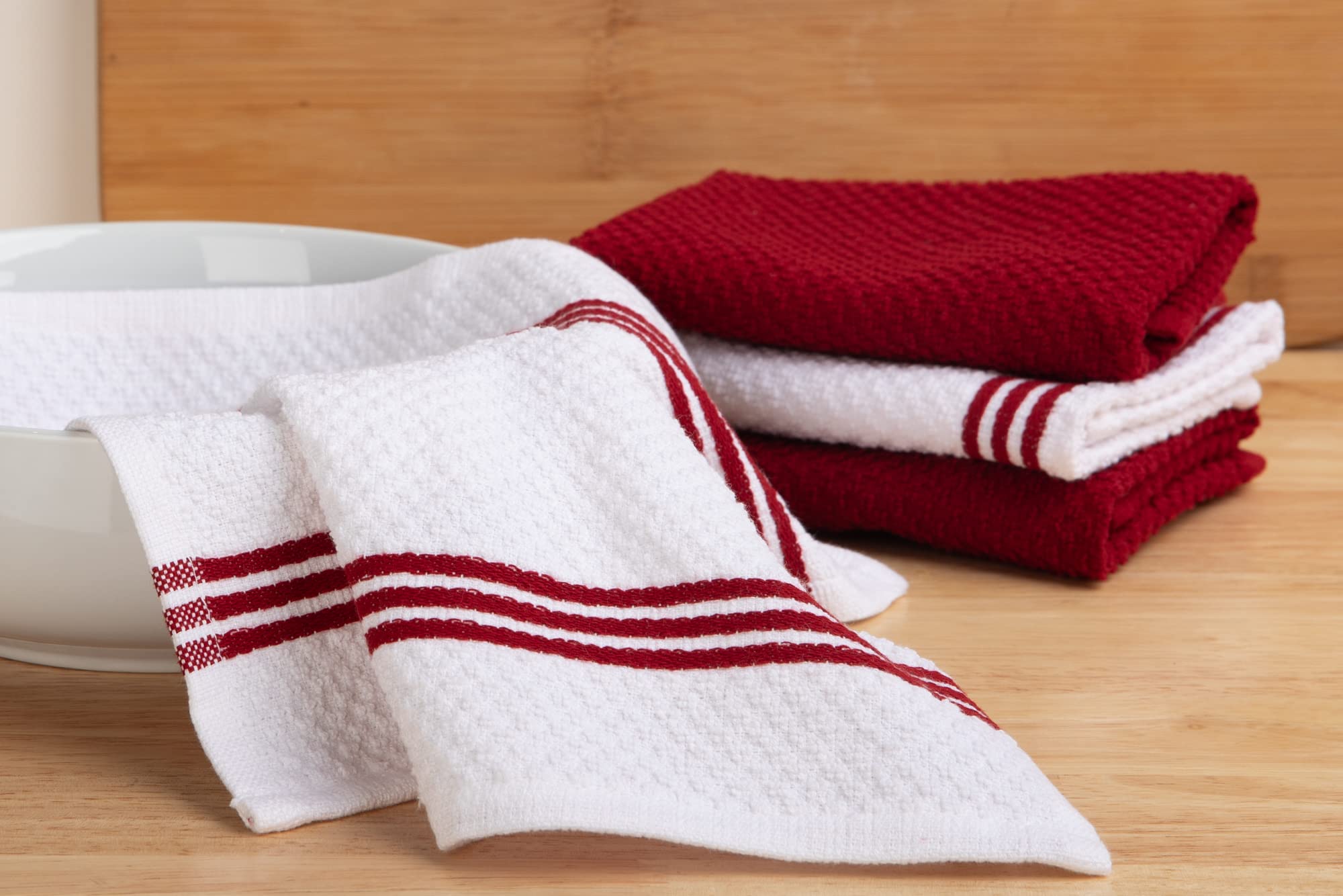 Premium 100% Cotton Kitchen Towels Set of 8 - Absorbent Dish Cloths & Tea Towels (12x12 Inch) | OEKO-TEX Certified, Reusable Cleaning Cloths in Red & White | Perfect for Dish Drying, Counter Cleaning & Kitchen Decor