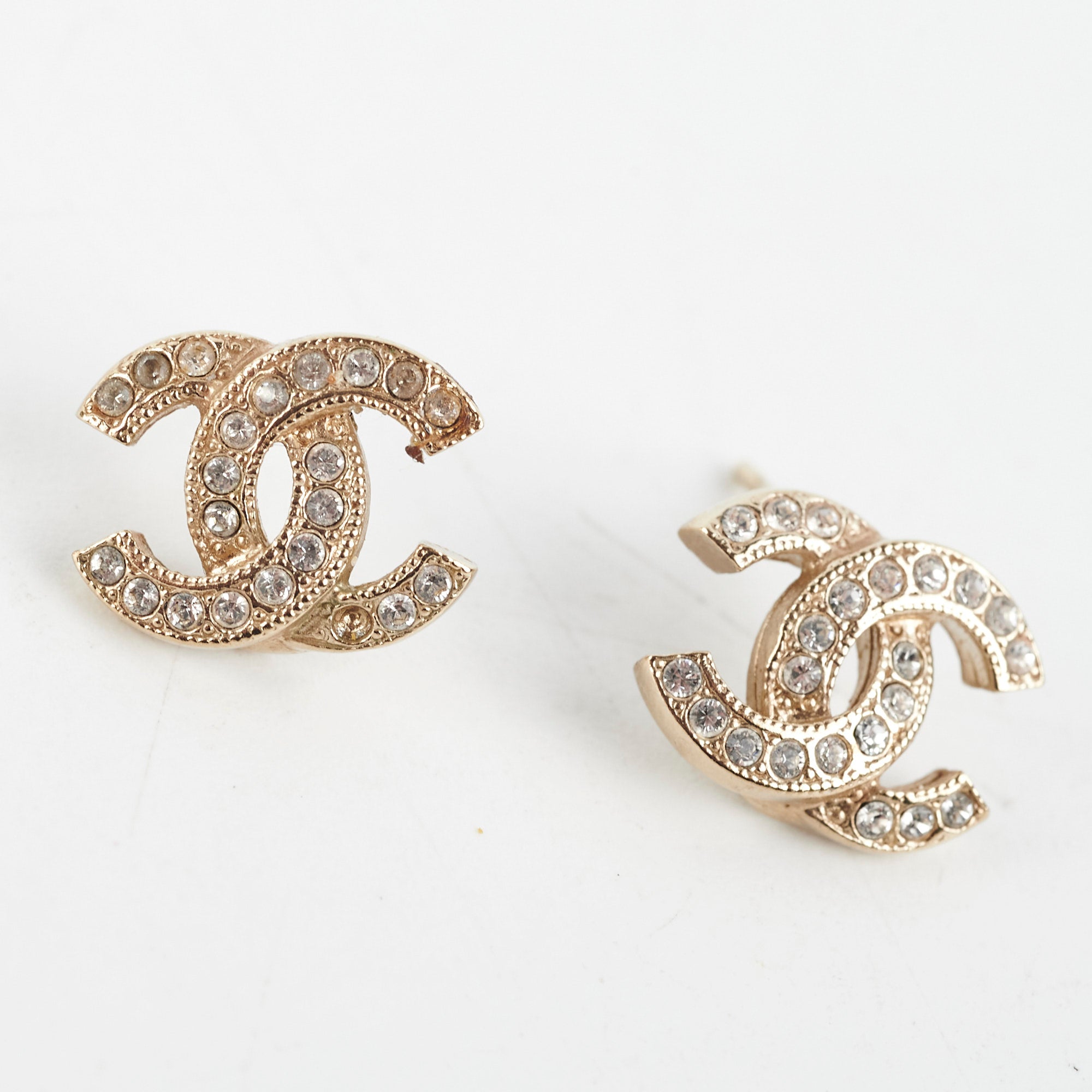 Chanel Mini CC Logo Rhinestone Gold Earrings - Elegant Costume Jewelry for Women - Perfect for Parties, Weddings & Special Occasions