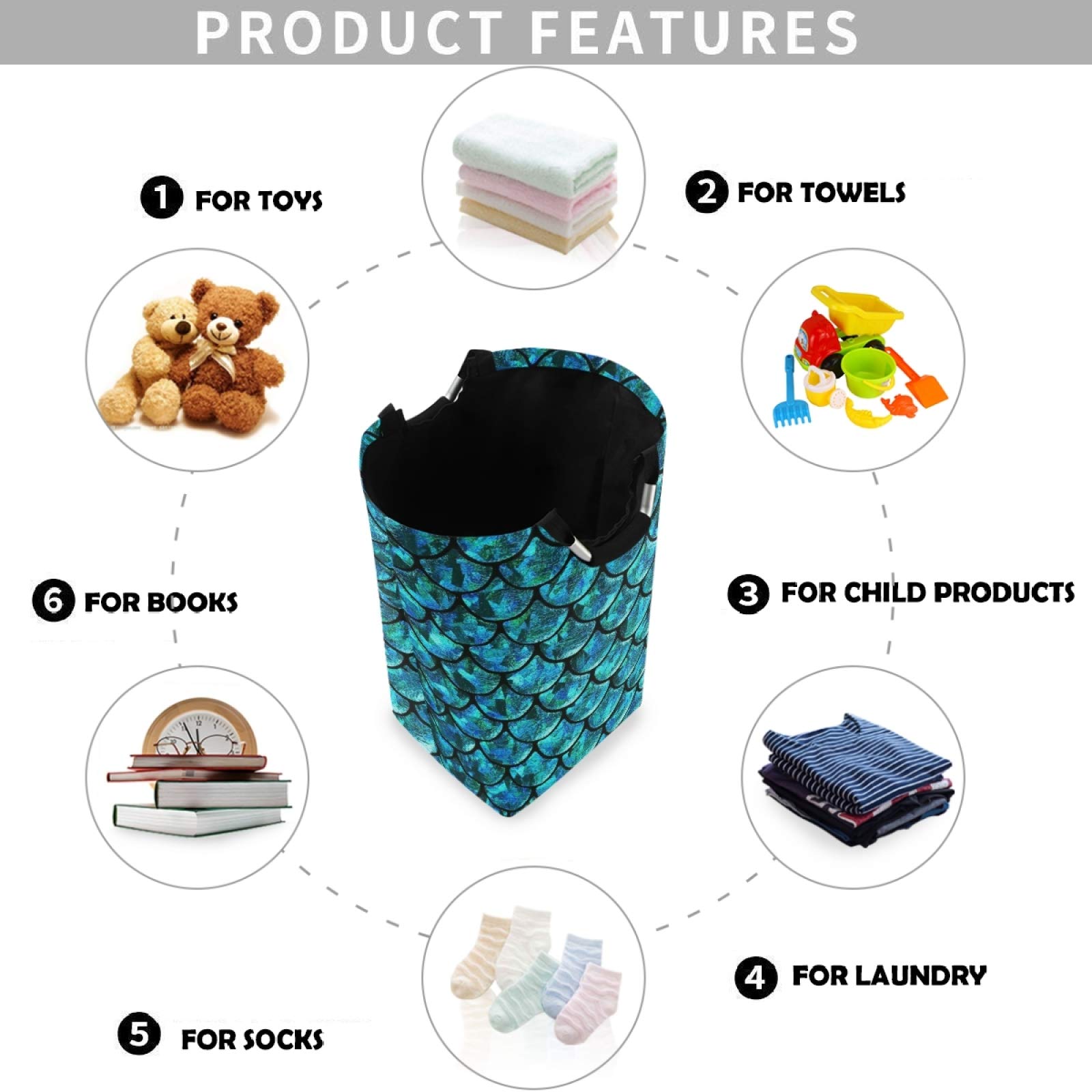 Visesunny Blue Mermaid Scale Laundry Hamper - Large Capacity Water-Resistant Oxford Cloth Storage Basket for Bedroom, Bathroom, Dorm & Kids Room | Perfect for Organizing Clothes, Toys & Home Essentials