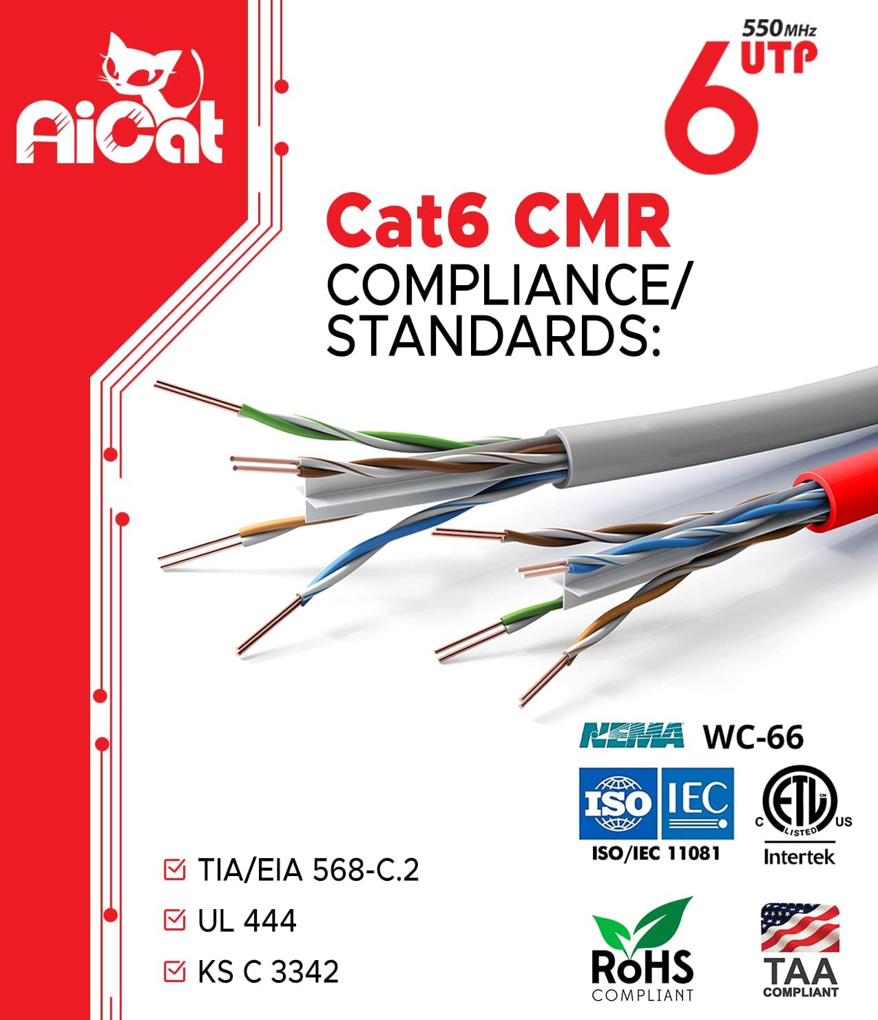 Premium AiCat Cat6 Ethernet Cable 1000ft (Blue) - 23 AWG CMR Rated, Solid Bare Copper Wire, Noise-Reducing Cross Separator - 550MHz/10Gbps Speed, PoE++ UTP LAN Cable - Ideal for Home Networking, Office Setup & Gaming