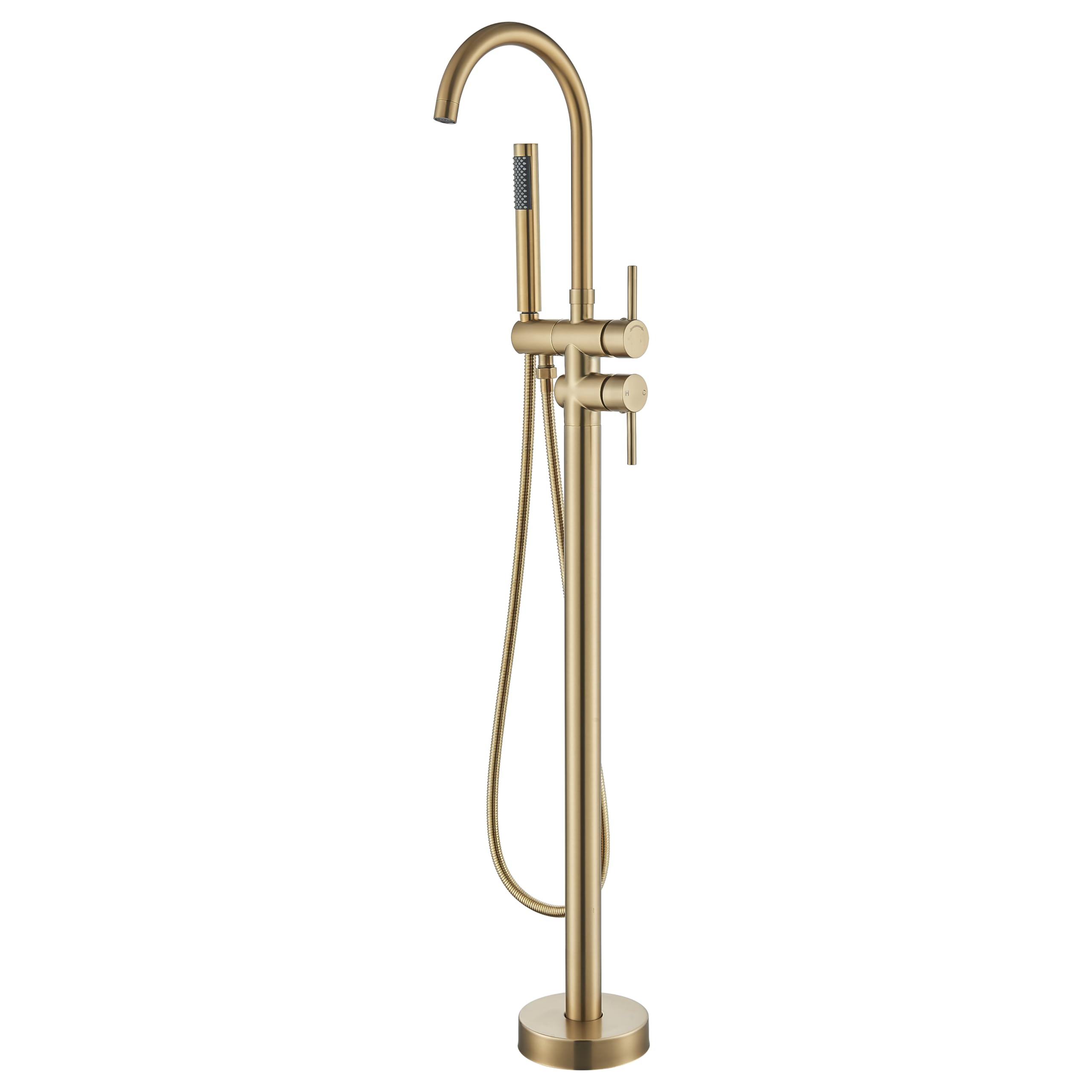 YAGATAP Freestanding Bathtub Faucet - Floor Mount Tub Filler with Handheld Shower Mixer - Brushed Gold Finish - High Flow Waterfall Spout - Perfect for Modern Bathroom & Spa Relaxation
