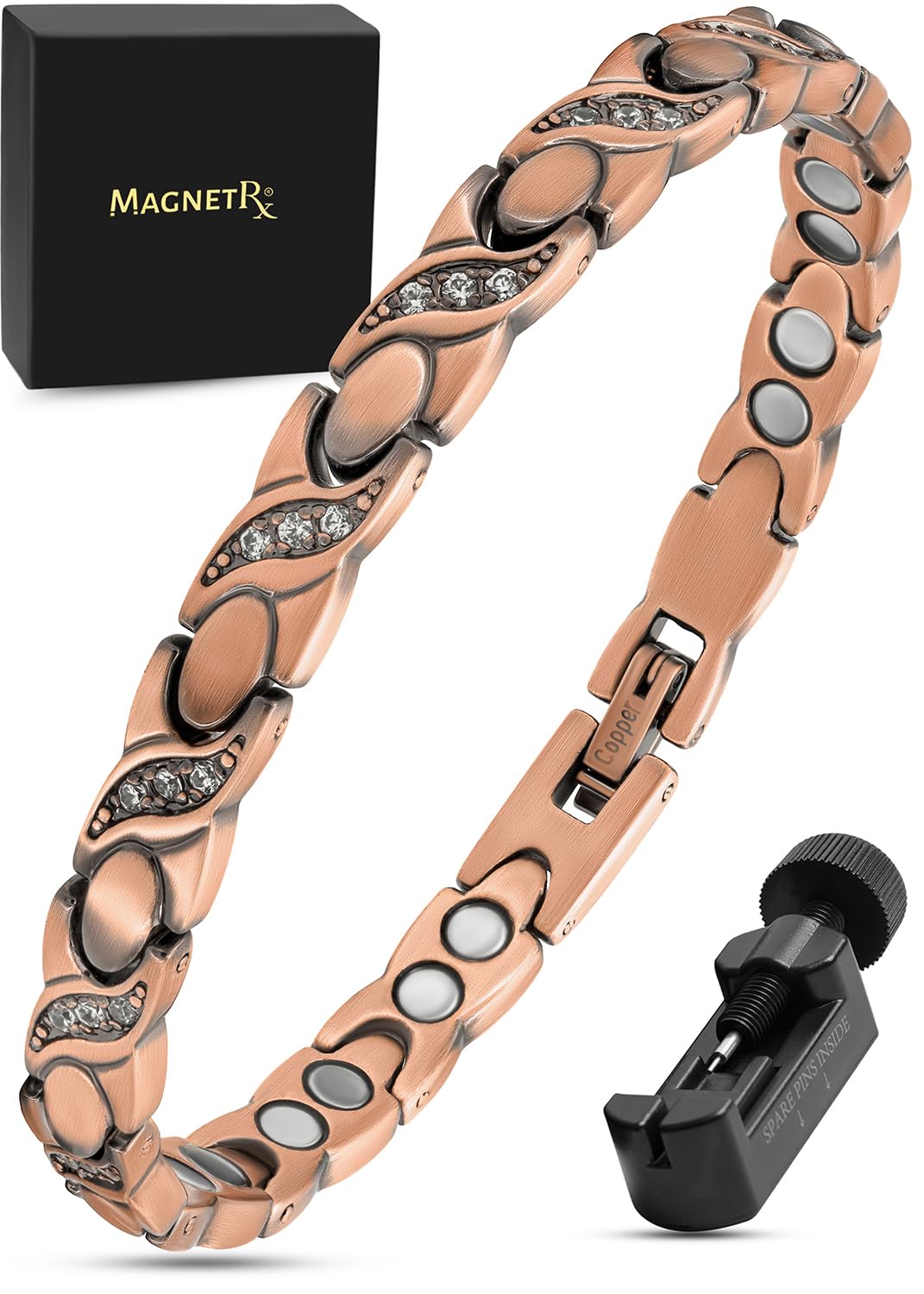 MagnetRX Copper Magnetic Bracelet for Women – Adjustable Ultra Strength Crystal Bracelet with Sizing Tool – Pain Relief & Arthritis Support – Perfect for Daily Wear & Wellness (Crystal XO Style)