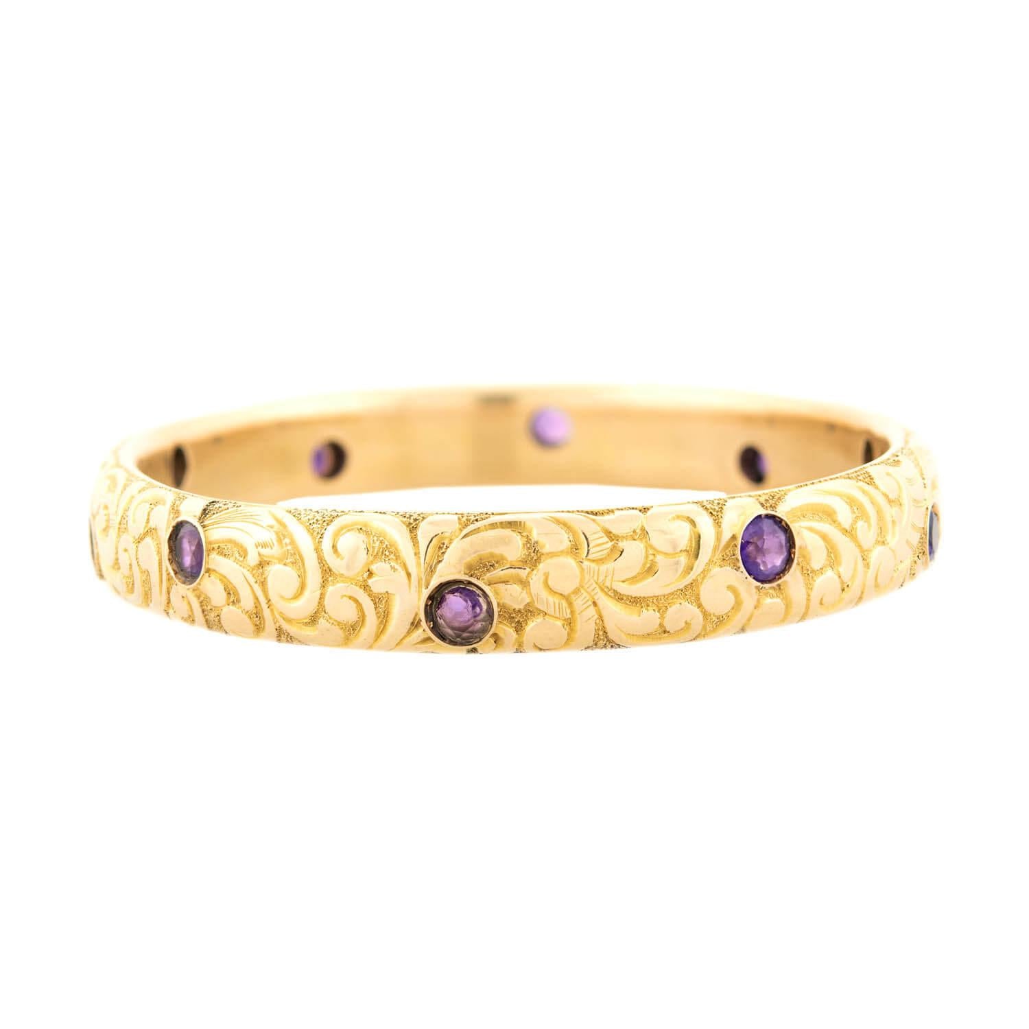 14K Gold Victorian Amethyst Carved Scroll Motif Bracelet - Elegant Jewelry for Weddings, Parties & Special Occasions