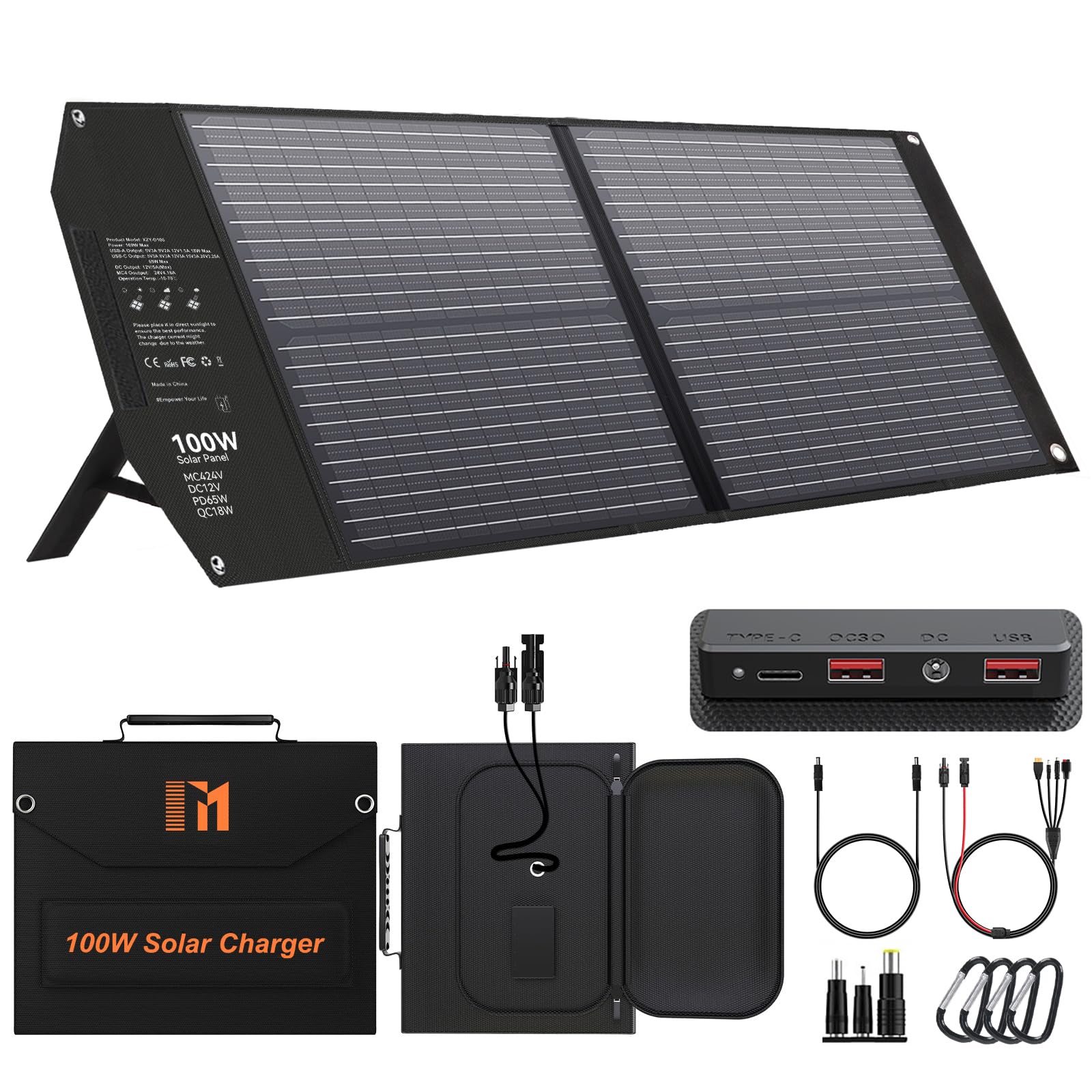 100W Portable Solar Panel with 5 Outputs - 24V MC4/12V DC/QC3.0 USB-A & USB-C PD65W - Foldable Solar Charger for Camping, RV, Off-Grid Power Stations & Outdoor Adventures - Waterproof & Lightweight Solar Panel Kit for Emergency Power Backup
