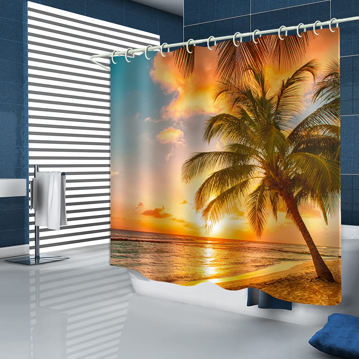 Waterproof Shower Curtain Set with Natural Beach Coconut Tree Print - Polyester Fabric Bathroom Curtain with Hooks & Liners - Coastal Decor for Bathroom, Bathtub, and Toilet Accessories - Perfect for Beach-Themed Bathrooms and Spa-Like Showower Experience