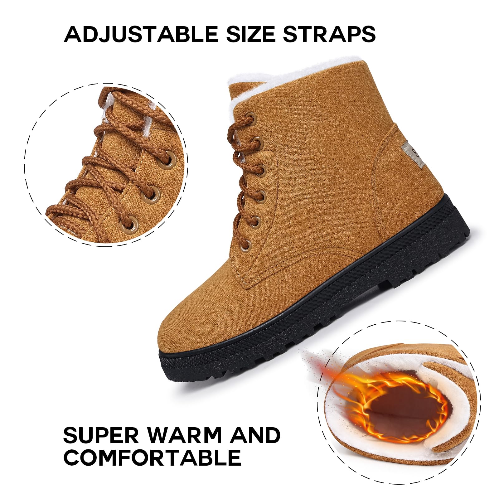 SHIBEVER Women's Winter Snow Boots - Warm Fur Lined Ankle Boots with Suede Upper & Lace-Up Design | Comfortable Flat Booties for Cold Weather, Snow Days & Outdoor Activities